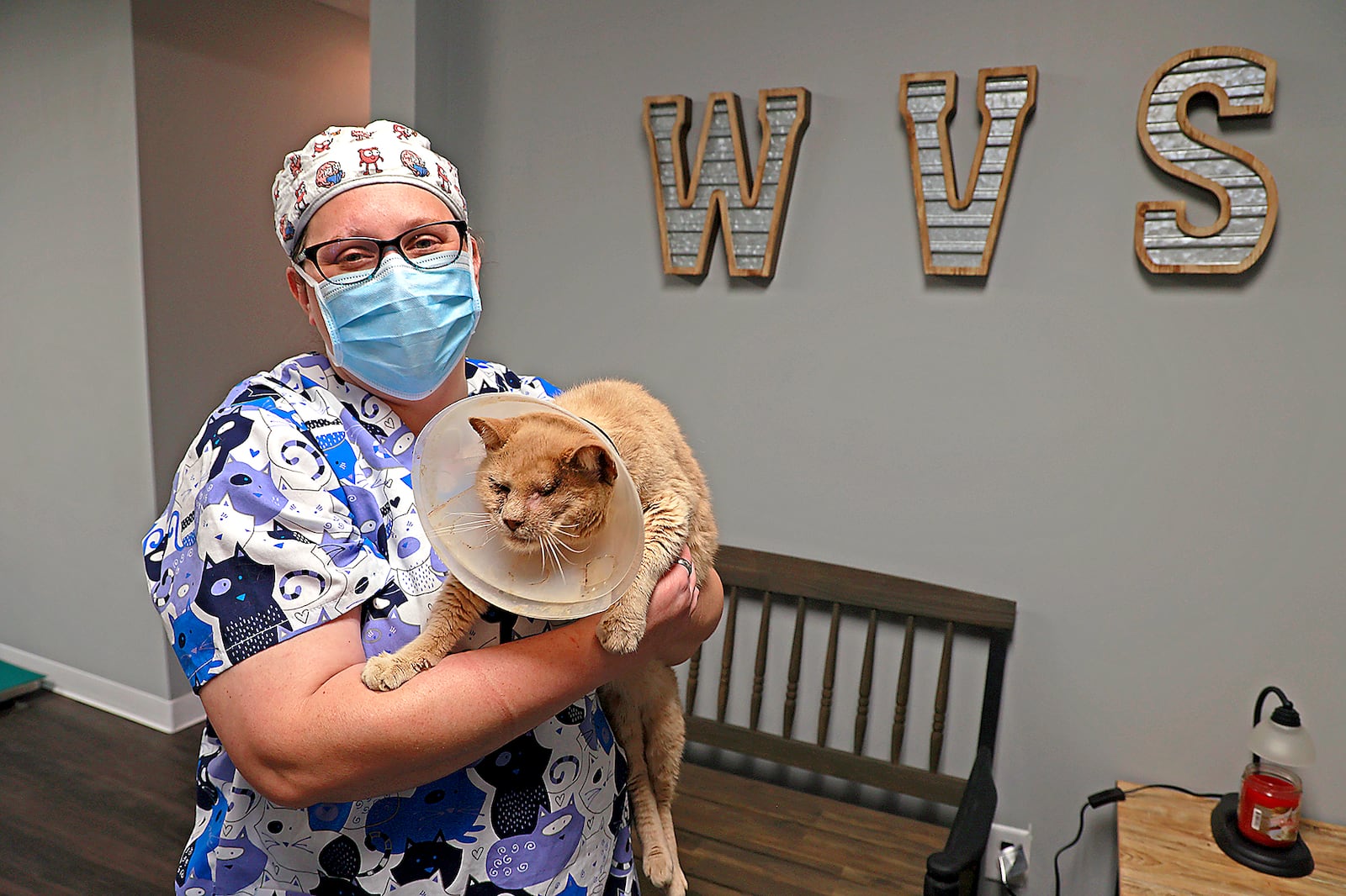 Dr. Jessica Johnson with "Bobby," who recently had one of her eyes removed, at Windreach Veterinary Services in New Carlisle Monday, June 5, 2023. BILL LACKEY/STAFF