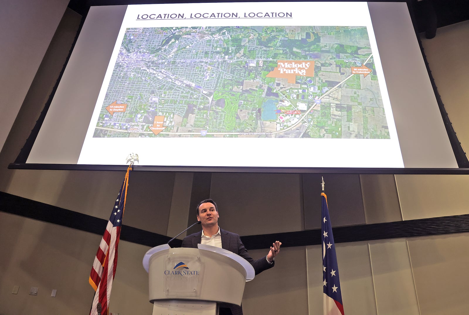 Jeff Fontaine, the president of Borror Properties, talks about the Melody Parks development on East U.S. 40 Monday, Feb. 10, 2025 during the Springfield Rotary Club's weekly meeting. BILL LACKEY/STAFF