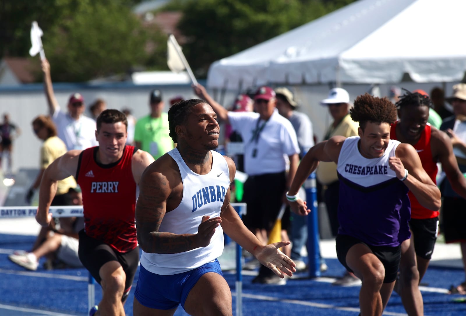 Dunbar's Dai'Vontay Young wins the 110-meter hurdles at the OHSAA Division II state track and field championships on Saturday, June 1, 2024, at Welcome Stadium in Dayton. David Jablonski/Staff