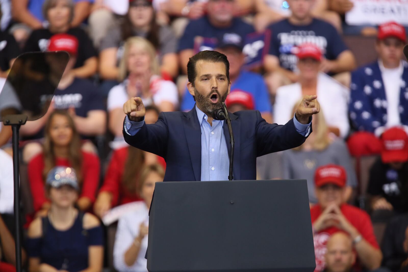 Donald Trump Jr rallies the crowd in Cincinnati Thursday. Photo by Greg Lynch.