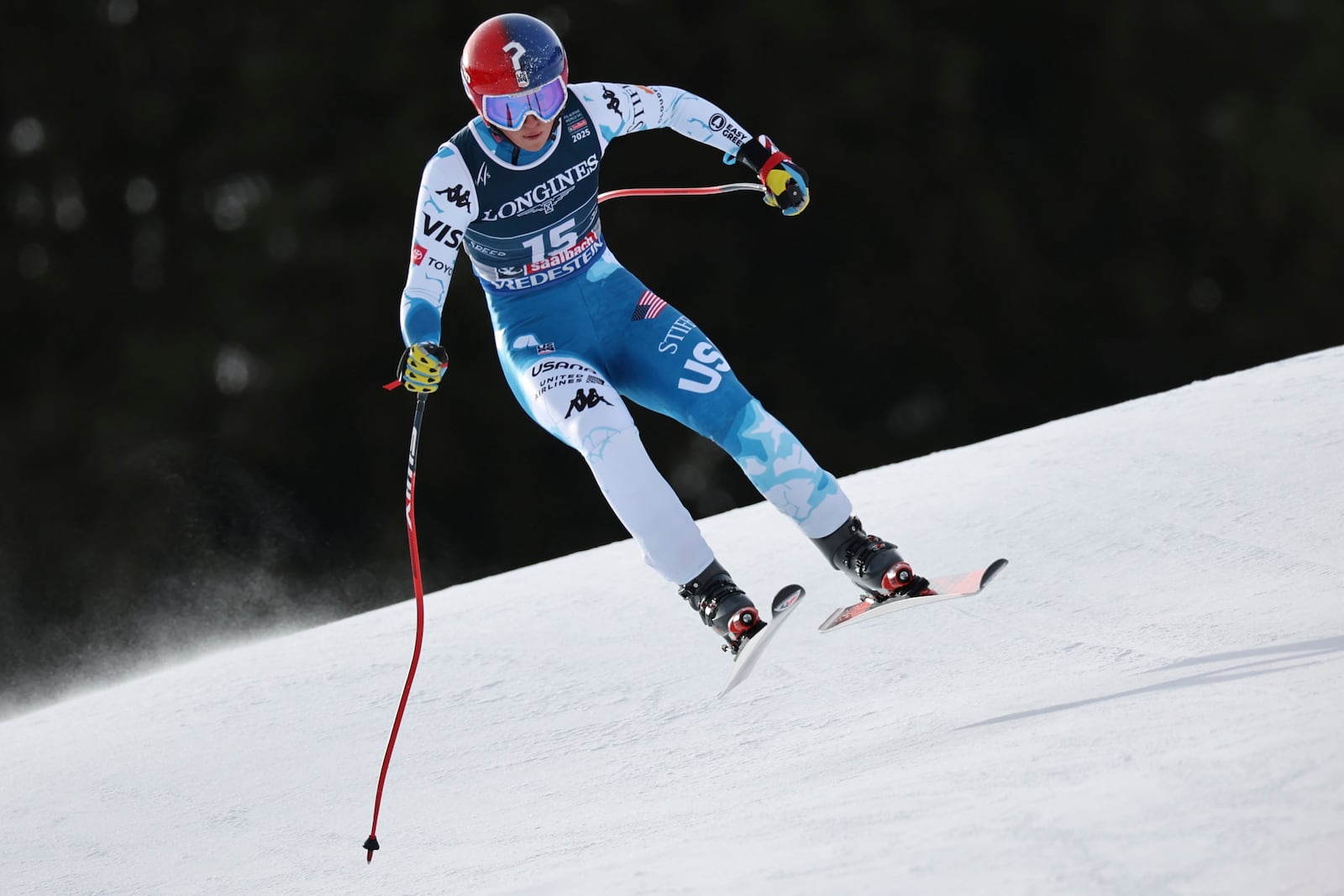 United States' Lauren Macuga competes in a downhill run of a women's team combined event, at the Alpine Ski World Championships, in Saalbach-Hinterglemm, Austria, Tuesday, Feb. 11, 2025. (AP Photo/Marco Trovati)