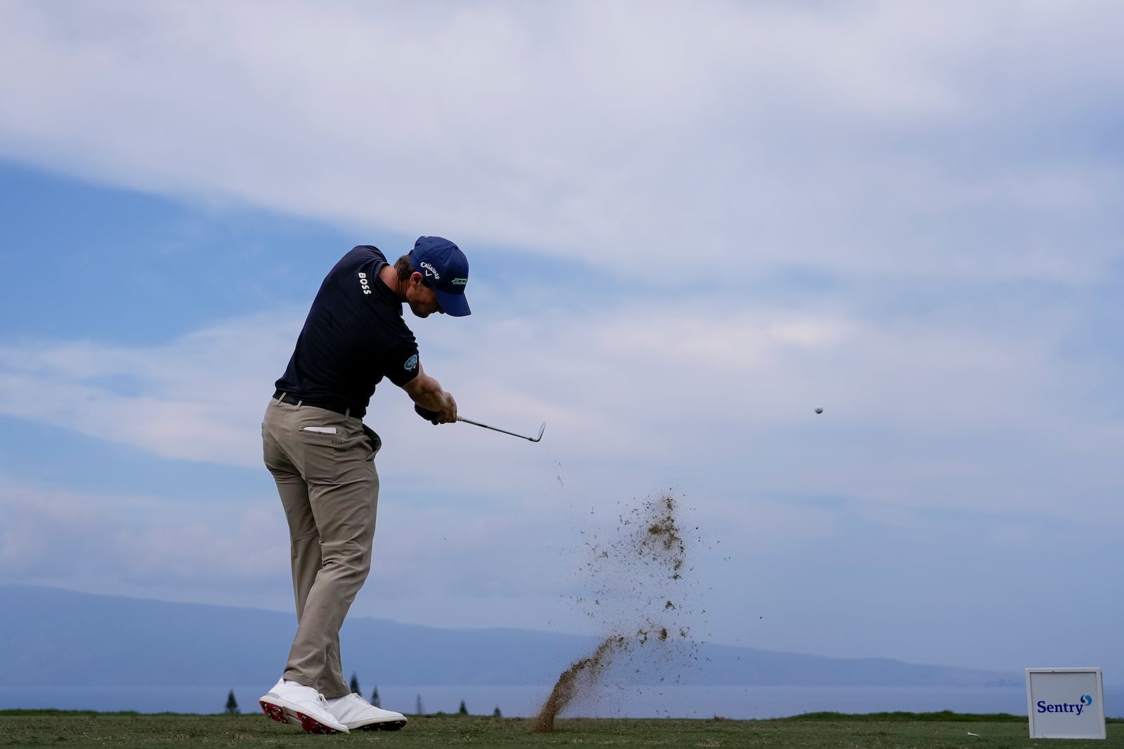 Thomas Detry, of Belgium, hits from the 11th tee during the third round of The Sentry golf event, Saturday, Jan. 4, 2025, at Kapalua Plantation Course in Kapalua, Hawaii. (AP Photo/Matt York)