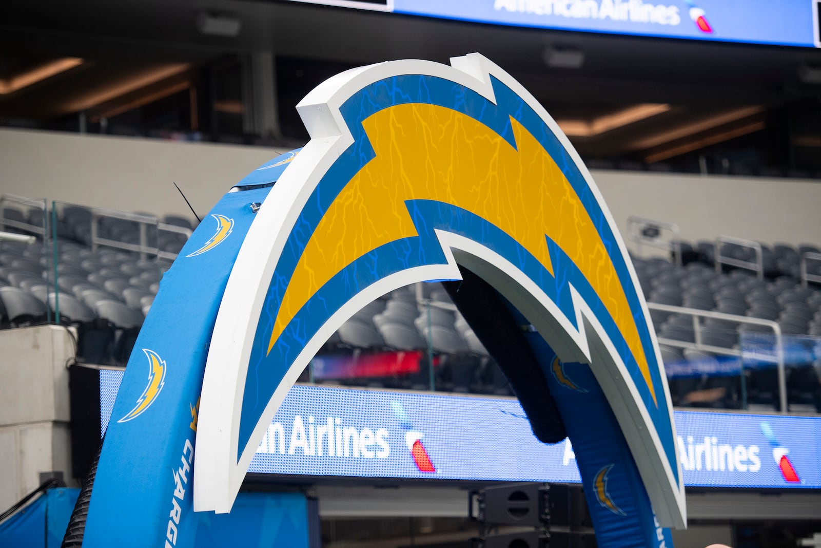 FILE - A Los Angeles Chargers logo before an NFL football game between the Los Angeles Chargers and the New England Patriots Sunday, Oct. 31, 2021, in Inglewood, Calif. (AP Photo/Kyusung Gong, File)