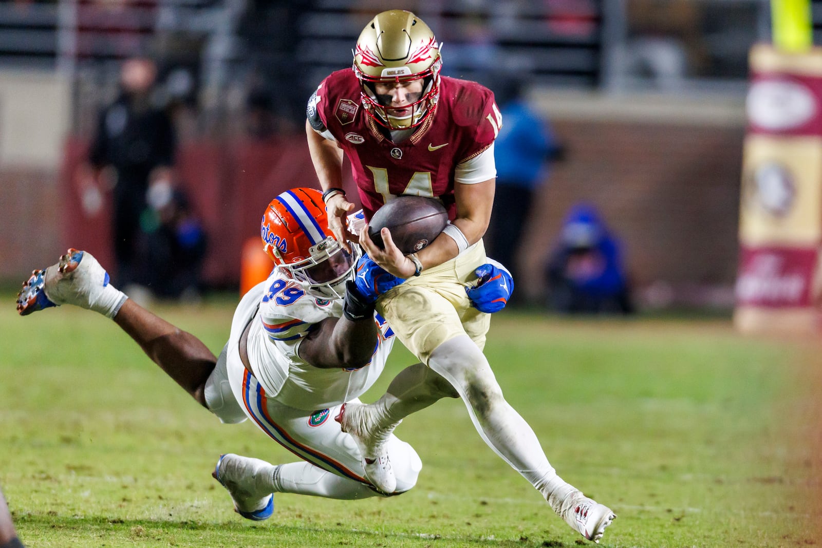 Florida State quarterback Luke Kromenhoek (14) is sacked by Florida defensive lineman Cam Jackson (99) during the second half of an NCAA college football game Saturday, Nov. 30, 2024, in Tallahassee, Fla. (AP Photo/Colin Hackley)