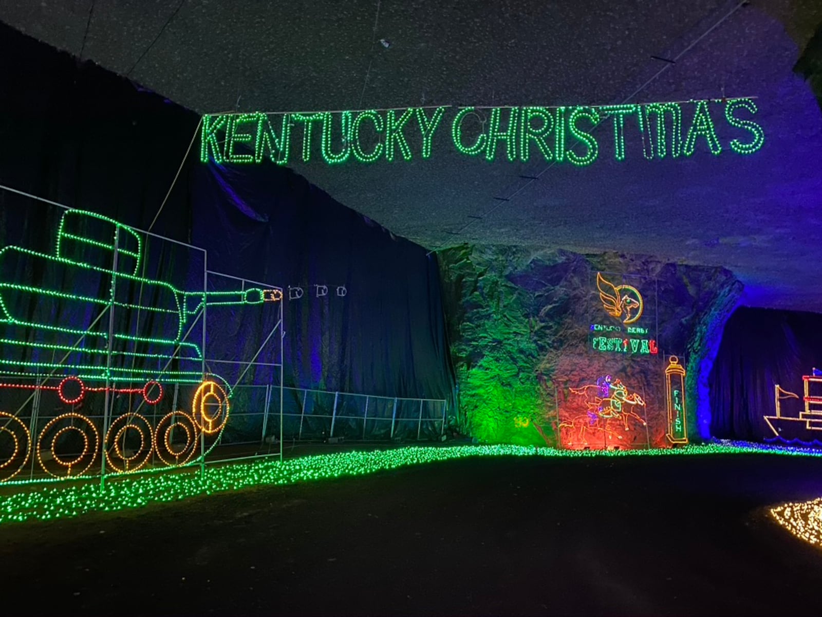 Lights Under Louisville is now open at Louisville Mega Cavern through Jan. 3, 2021. The 30-minute drive will take visitors through underground passageways lined with 40 themed displays, mapping projections, 850 lit characters and five million lights.  LOUISVILLE MEGA CAVERN