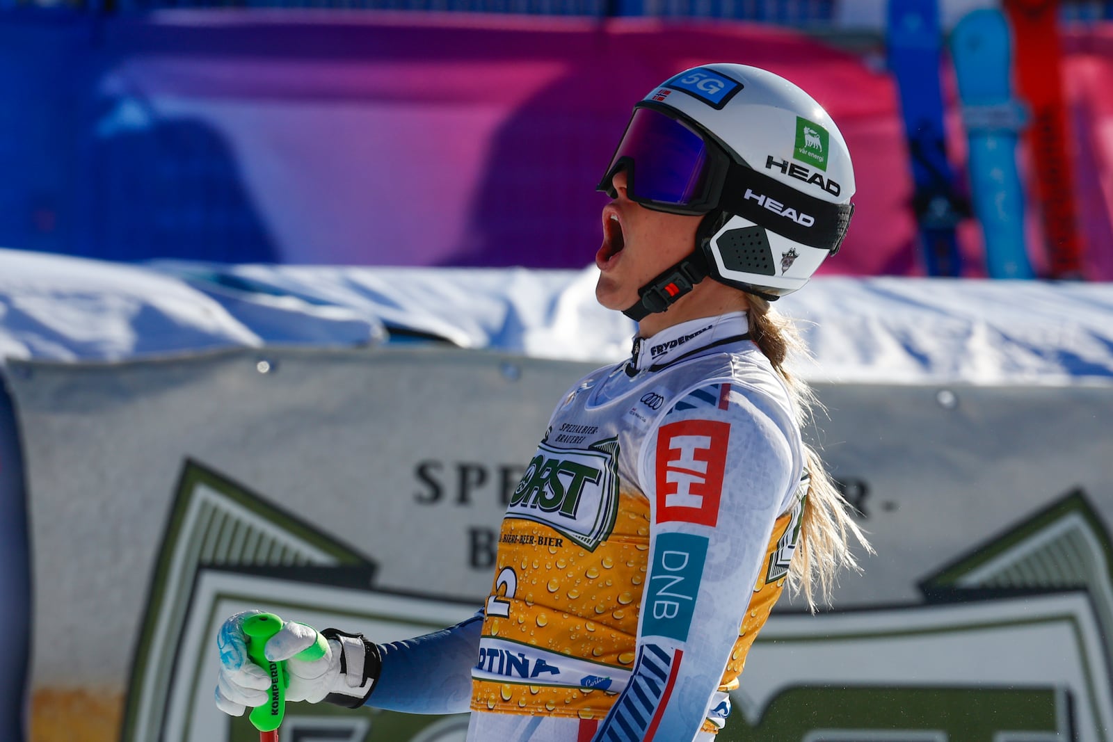 Norway's Kajsa Vickhoff Lie celebrates at the finish area of an alpine ski, women's World Cup downhill, in Cortina d'Ampezzo, Italy, Saturday, Jan. 18, 2025 (AP Photo/Alessandro Trovati)