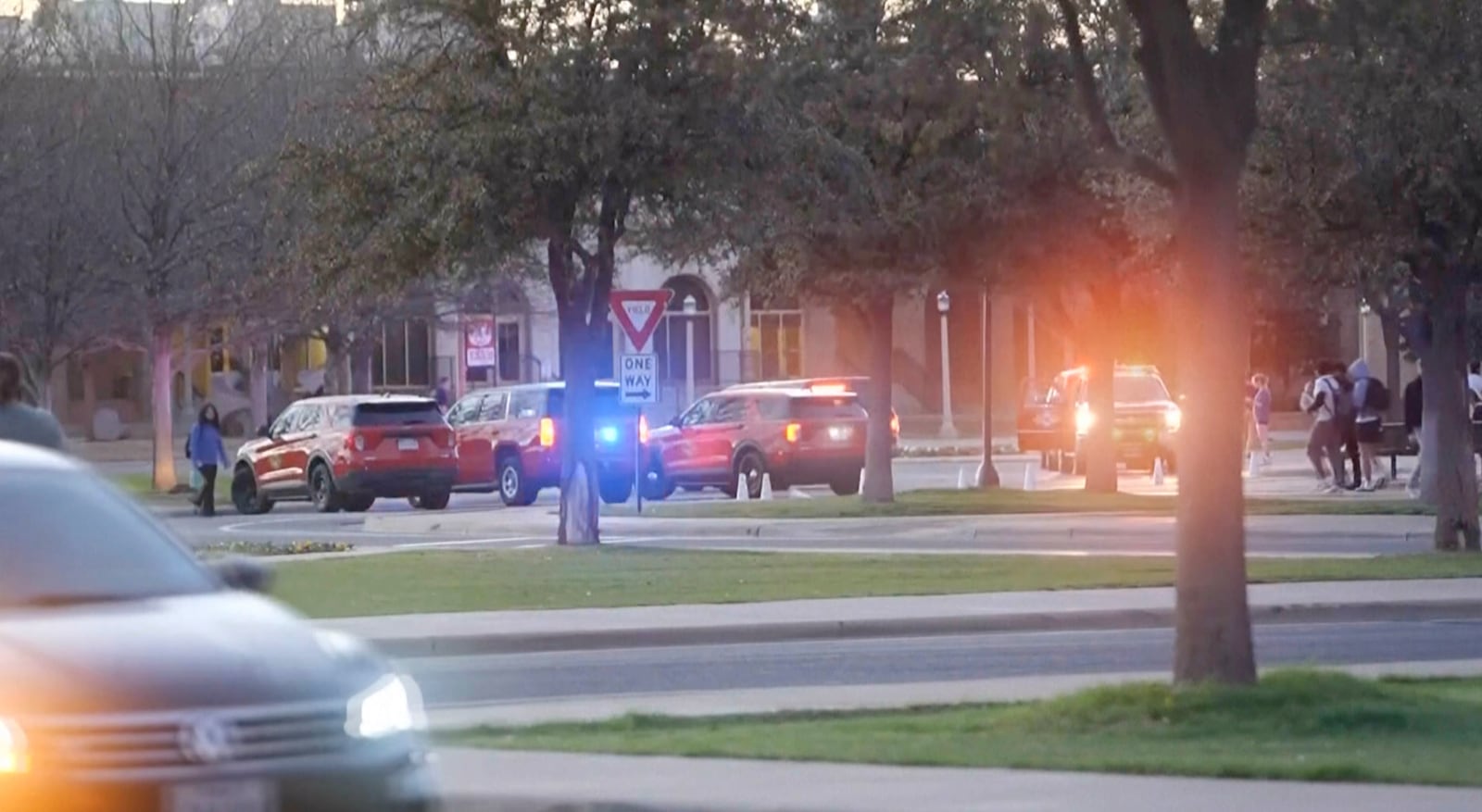 This screen grab taken from video provided by KAMC on March 12, 2025 shows traffic on campus at the Texas Tech University campus in Lubbock. (KAMC via AP)