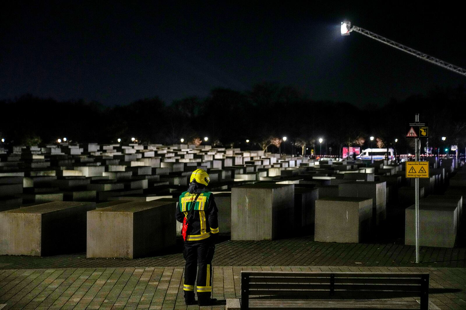 The Holocaust memorial after a man was attacked at the memorial site in Berlin, Germany, Friday, Feb. 21, 2025. (AP Photo/Ebrahim Noroozi)