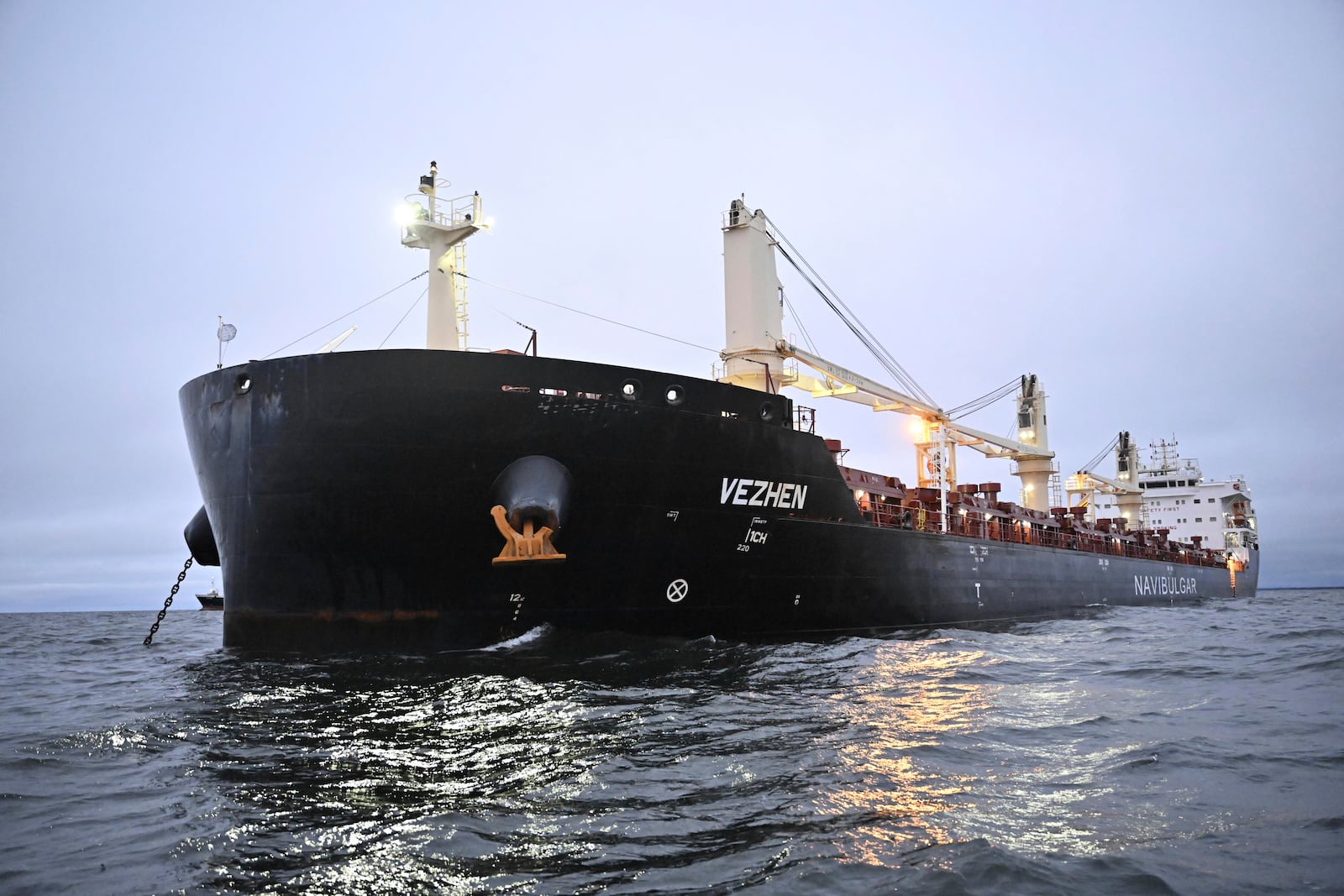 The cargo ship Vezhen is anchored outside Karlskrona, Sweden, Monday, Jan. 27, 2025, for examination by Swedish authorities. (Johan Nilsson/TT News Agency via AP)