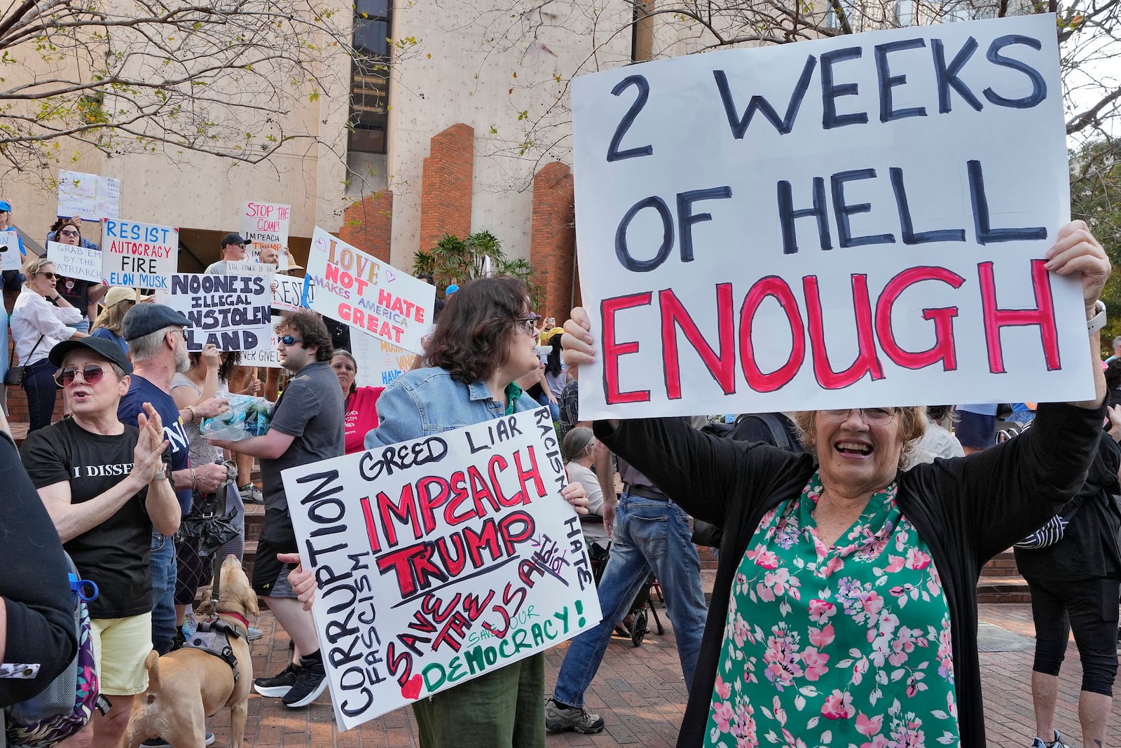 Protesters gather outside the Tampa City Hall during a Stand Up For Your Future protest Wednesday, Feb. 5, 2025, in Tampa, Fla. (AP Photo/Chris O'Meara)