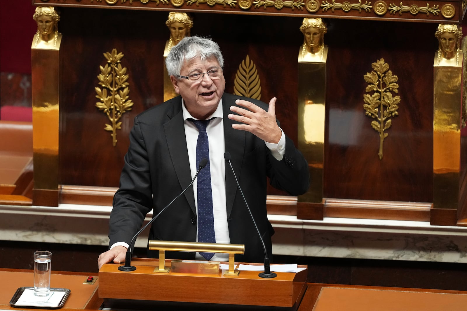 French far-left France Unbowed party parliament member Eric Coquerel speaks at the National Assembly prior to a no-confidence vote that could bring down the Prime Minister and the government for the first time since 1962, Wednesday, Dec. 4, 2024 in Paris. (AP Photo/Michel Euler)