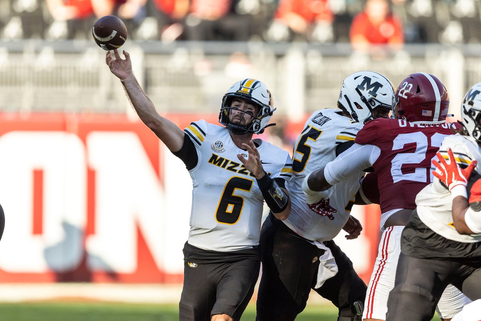 Missouri quarterback Drew Pyne (6) throws against Alabama during the first half of an NCAA college football game, Saturday, Oct. 26, 2024, in Tuscaloosa, Ala. (AP Photo/Vasha Hunt)