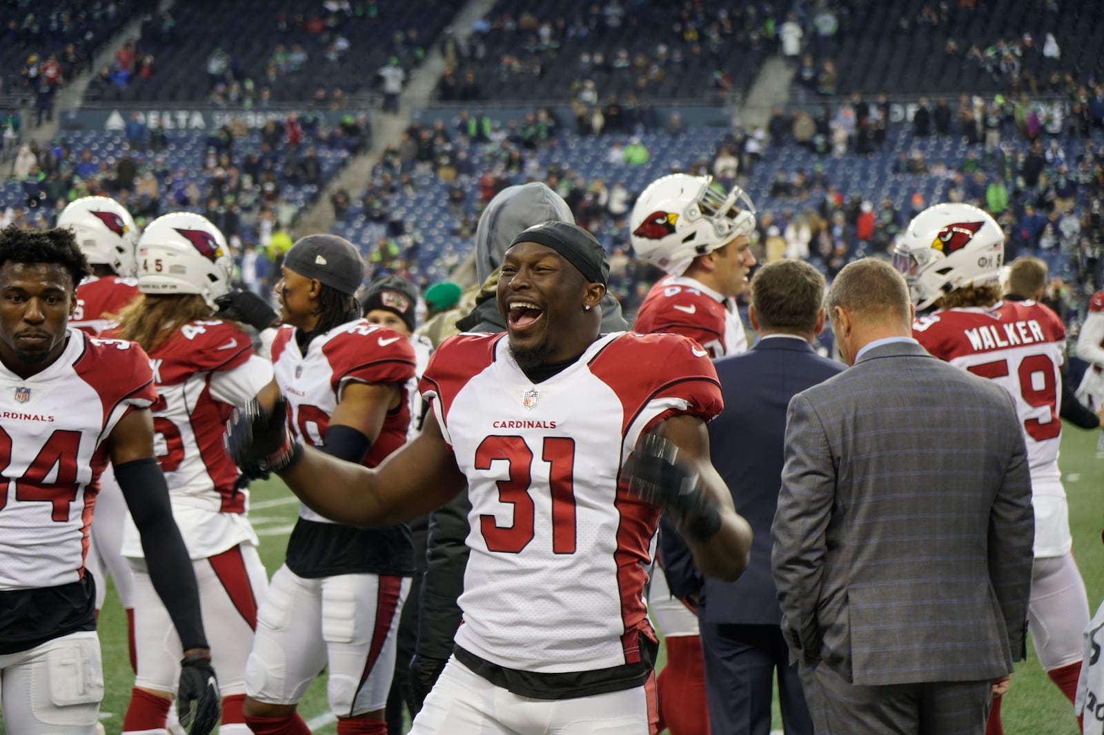 FILE - Arizona Cardinals defensive back Chris Banjo celebrates during an NFL football game against the Seattle Seahawks, Sunday, Nov. 21, 2021, in Seattle. The Cardinals won 23-13. (AP Photo/Ben VanHouten, File)