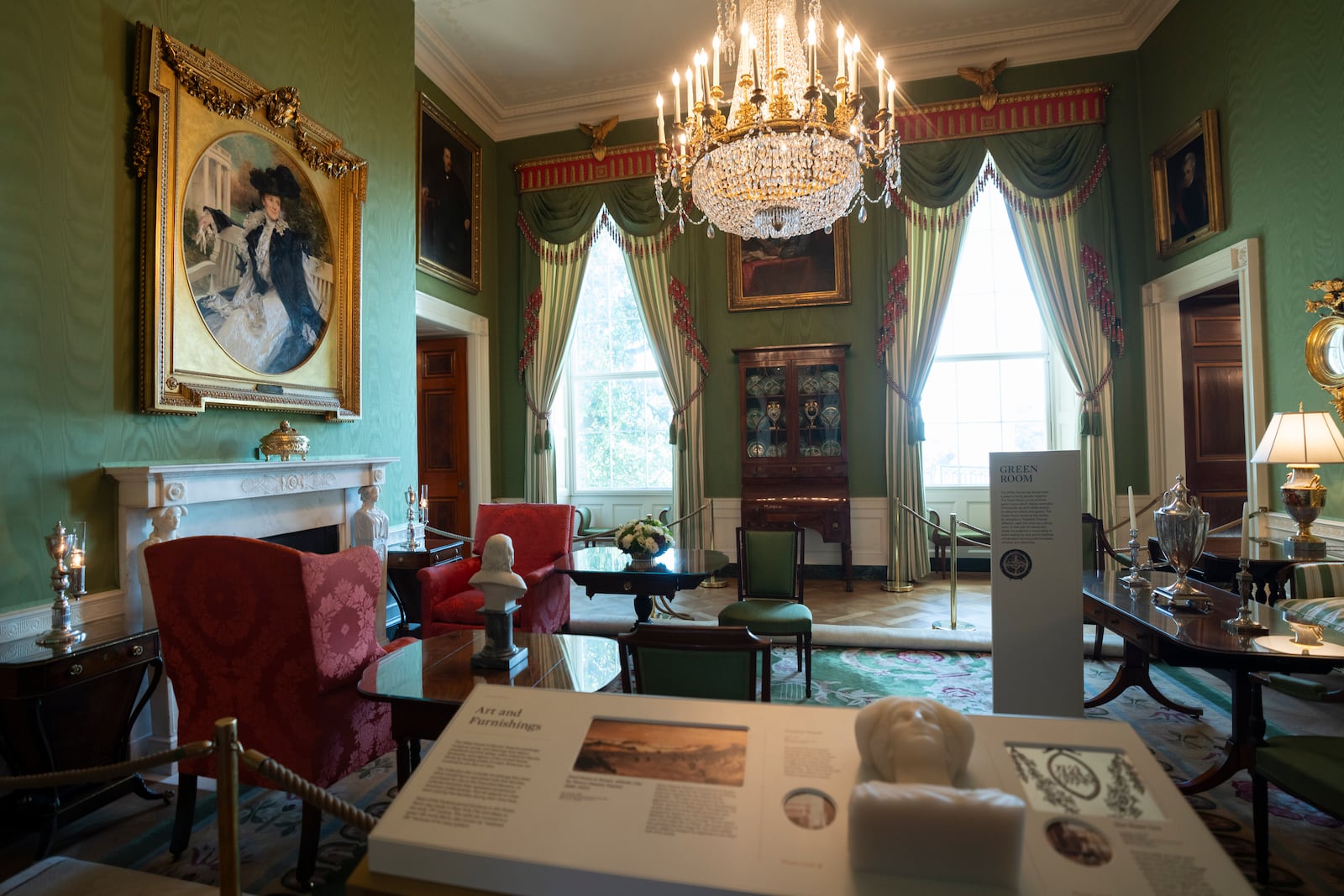 The Green Room is shown Friday, Oct. 18, 2024 in Washington in preparation for first lady Jill Biden's unveiling of the updated White House Public Tour on Monday, Oct. 21, 2024. (AP Photo/Manuel Balce Ceneta)