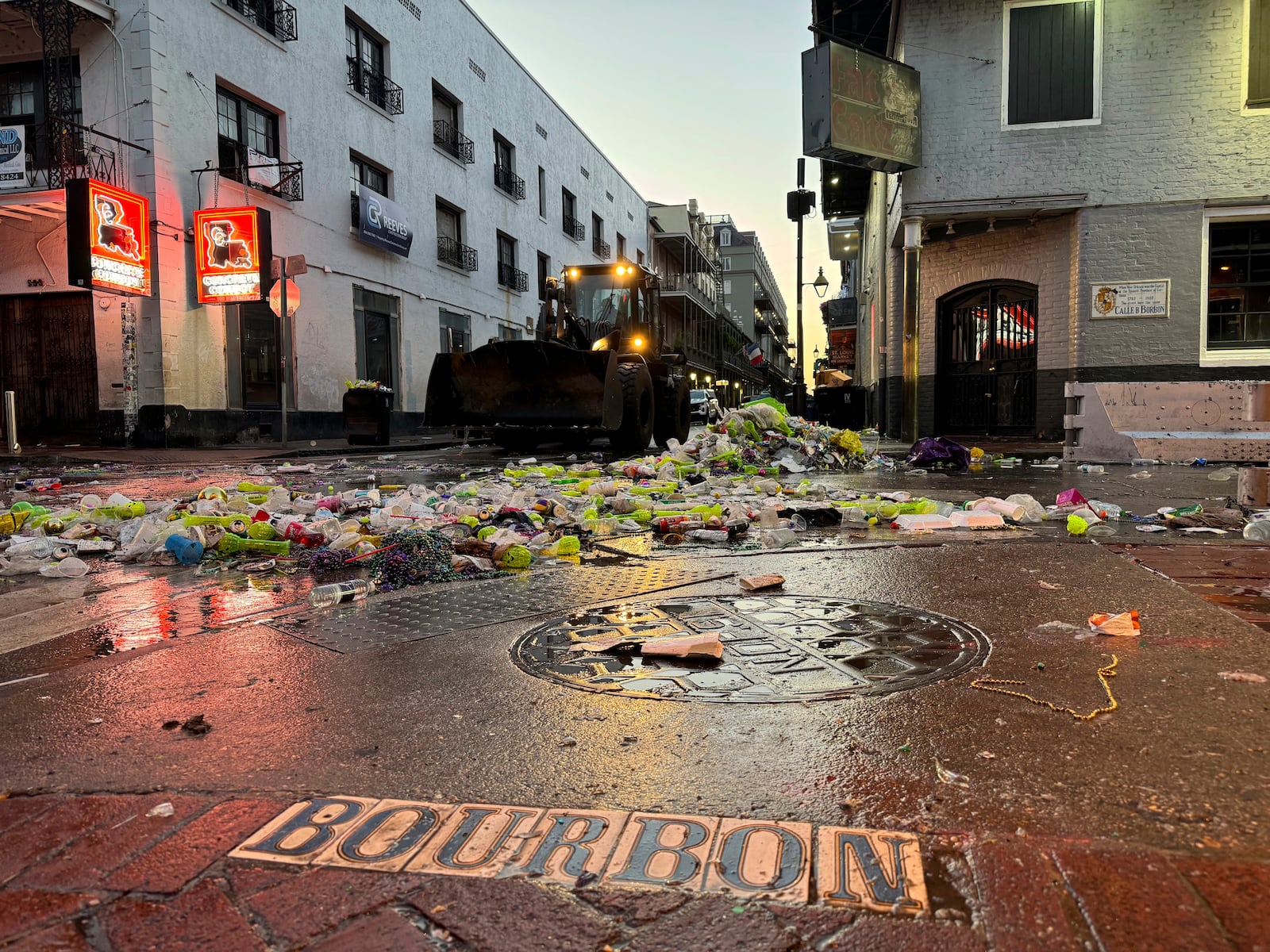 Waste from Mardi Gras scattered across infamous party spot Bourbon Street in New Orleans, on Ash Wednesday, March 5, 2025. (AP Photo/Jack Brook)