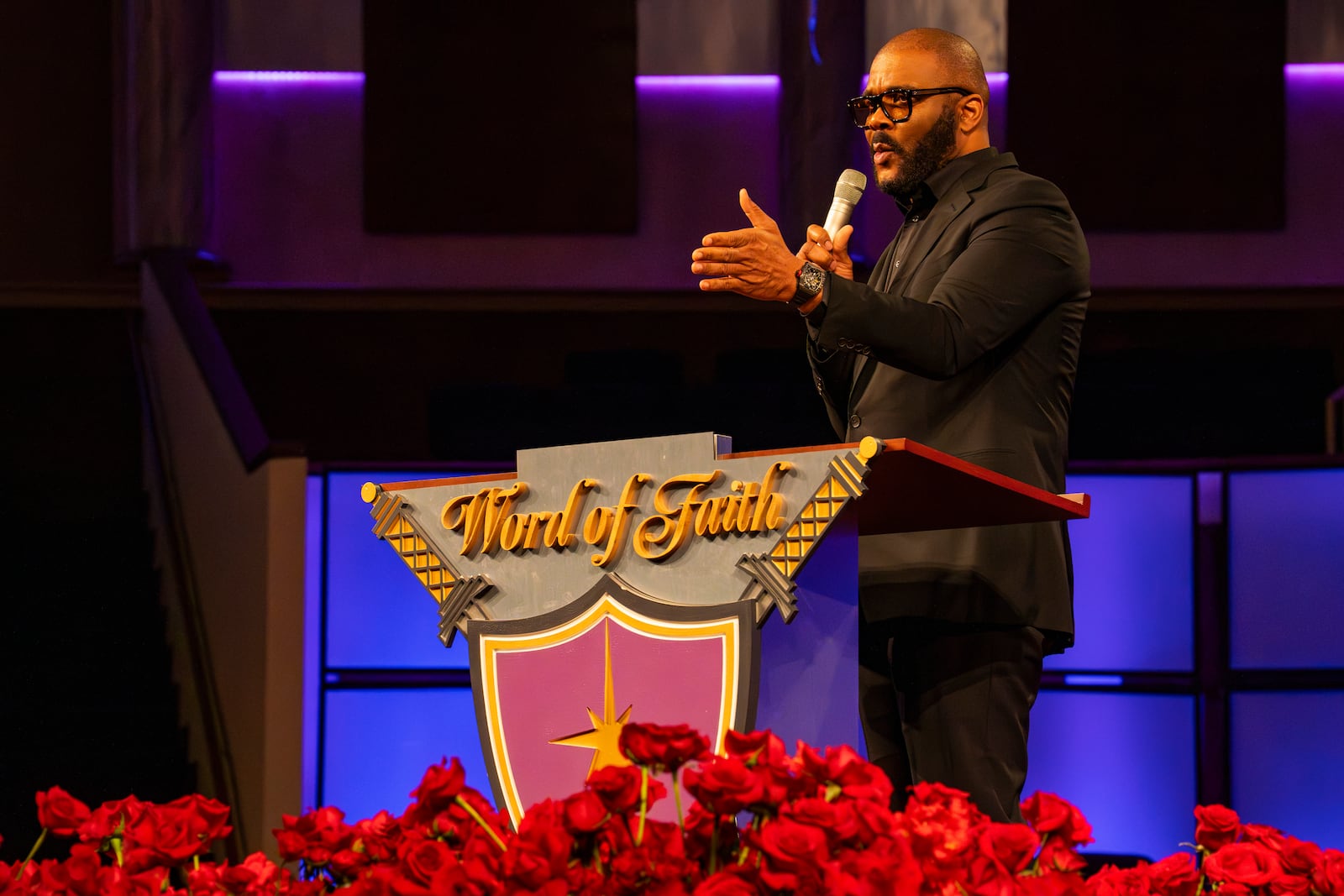 Tyler Perry speaks at the memorial service for singer and actress Angie Stone, Friday, March 14, 2025, in Austell. Ga. (AP Photo/Olivia Bowdoin)