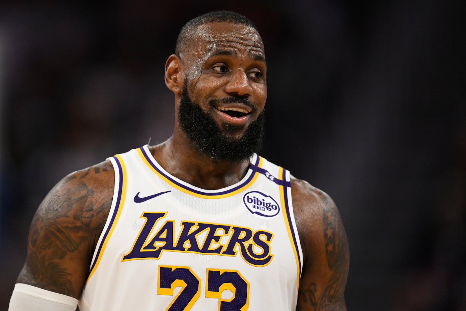 Los Angeles Lakers forward LeBron James (23) looks on during the first half of an NBA basketball game against the Golden State Warriors, Wednesday, Dec. 25, 2024, in San Francisco. (AP Photo/Eakin Howard)