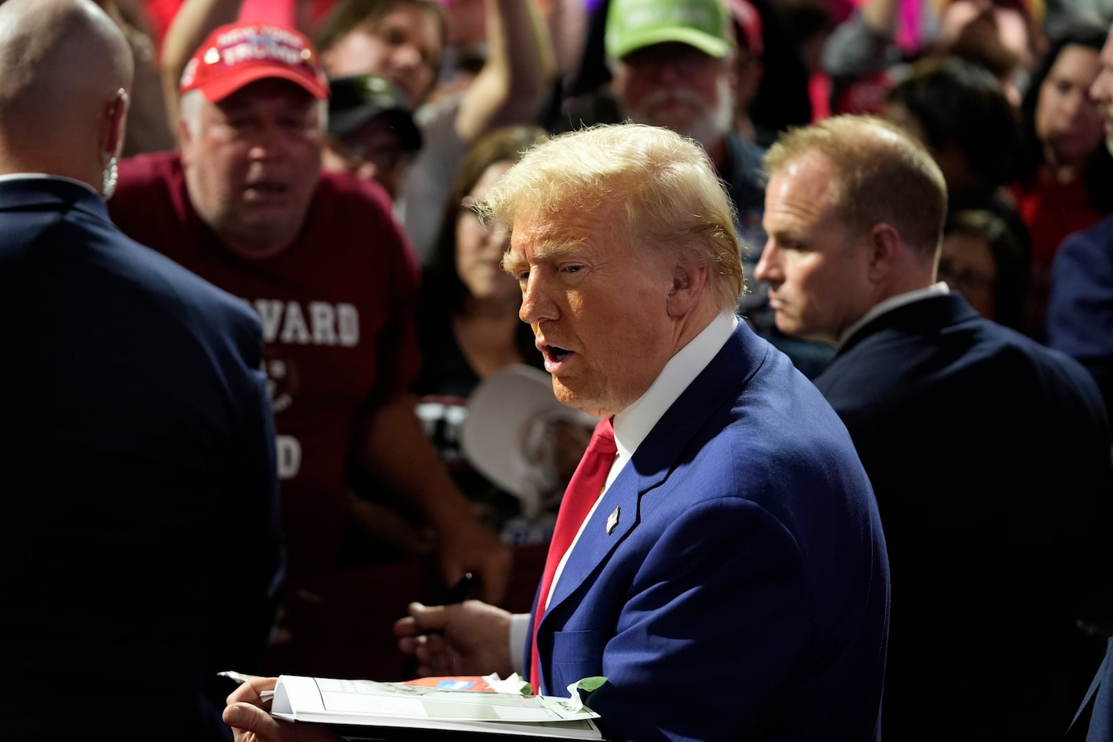 Republican presidential nominee former President Donald Trump greets supporters at a campaign town hall at the Greater Philadelphia Expo Center & Fairgrounds, Monday, Oct. 14, 2024, in Oaks, Pa. (AP Photo/Alex Brandon)