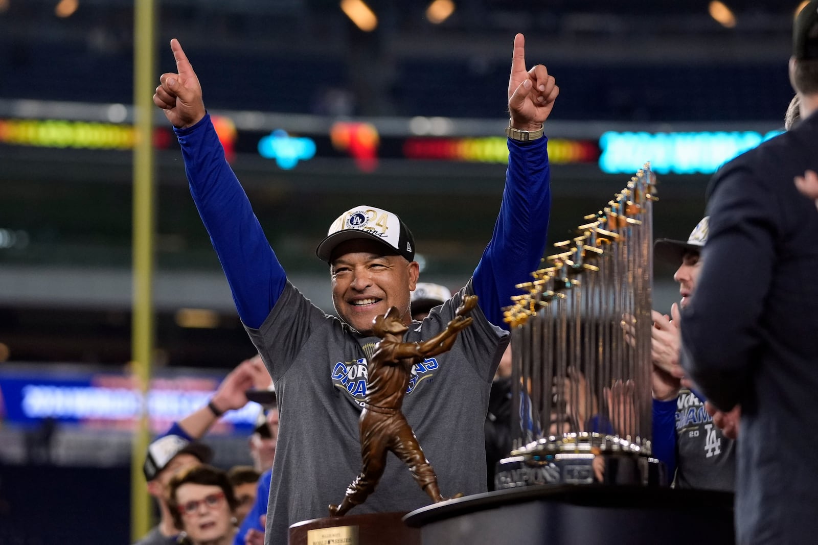 Los Angeles Dodgers manager Dave Roberts celebrates after the Dodgers beat New York Yankees in Game 5 to win the baseball World Series, Thursday, Oct. 31, 2024, in New York. (AP Photo/Godofredo A. Vásquez)