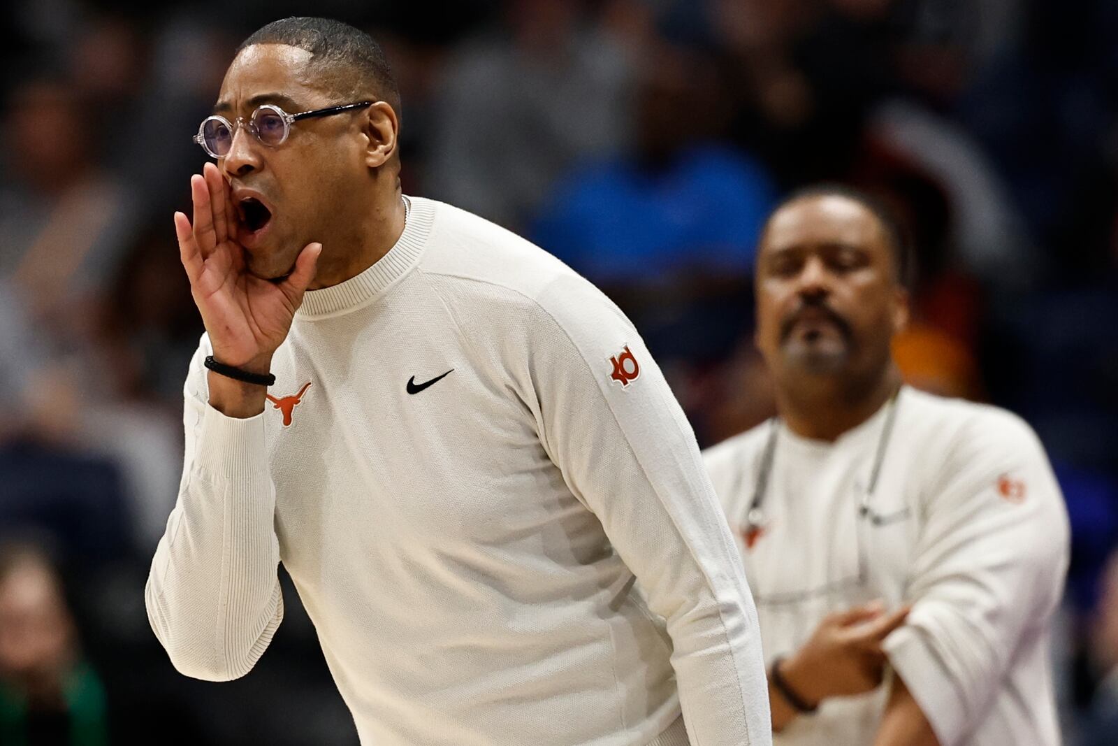 Texas head coach Rodney Terry speaks during the first half of an NCAA college basketball game against Texas A&M in the second round of the Southeastern Conference tournament, Thursday, March 13, 2025, in Nashville, Tenn. (AP Photo/Wade Payne)