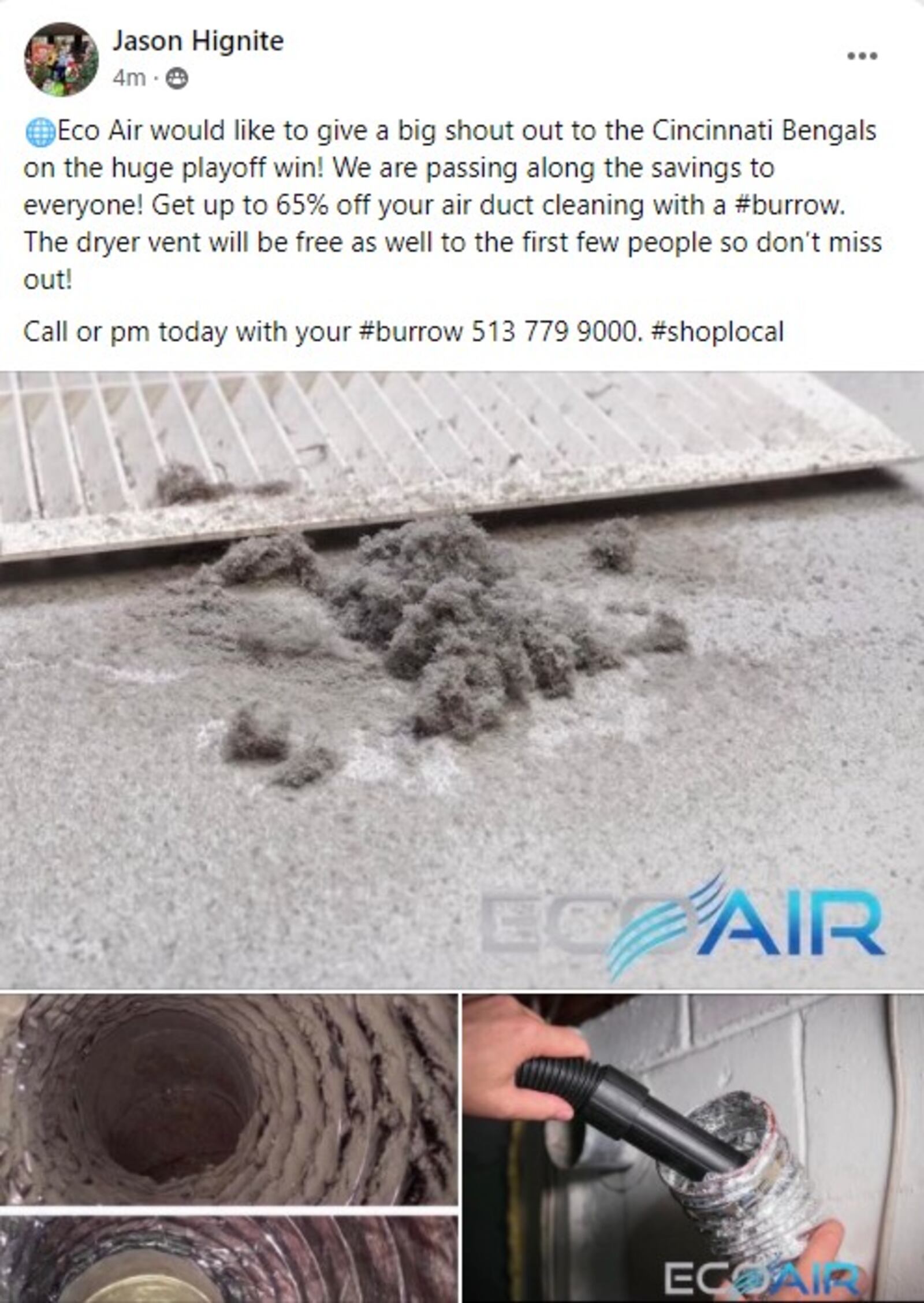 EchoAir Ohio is offering a Bengals-win discount on air duct cleaning.