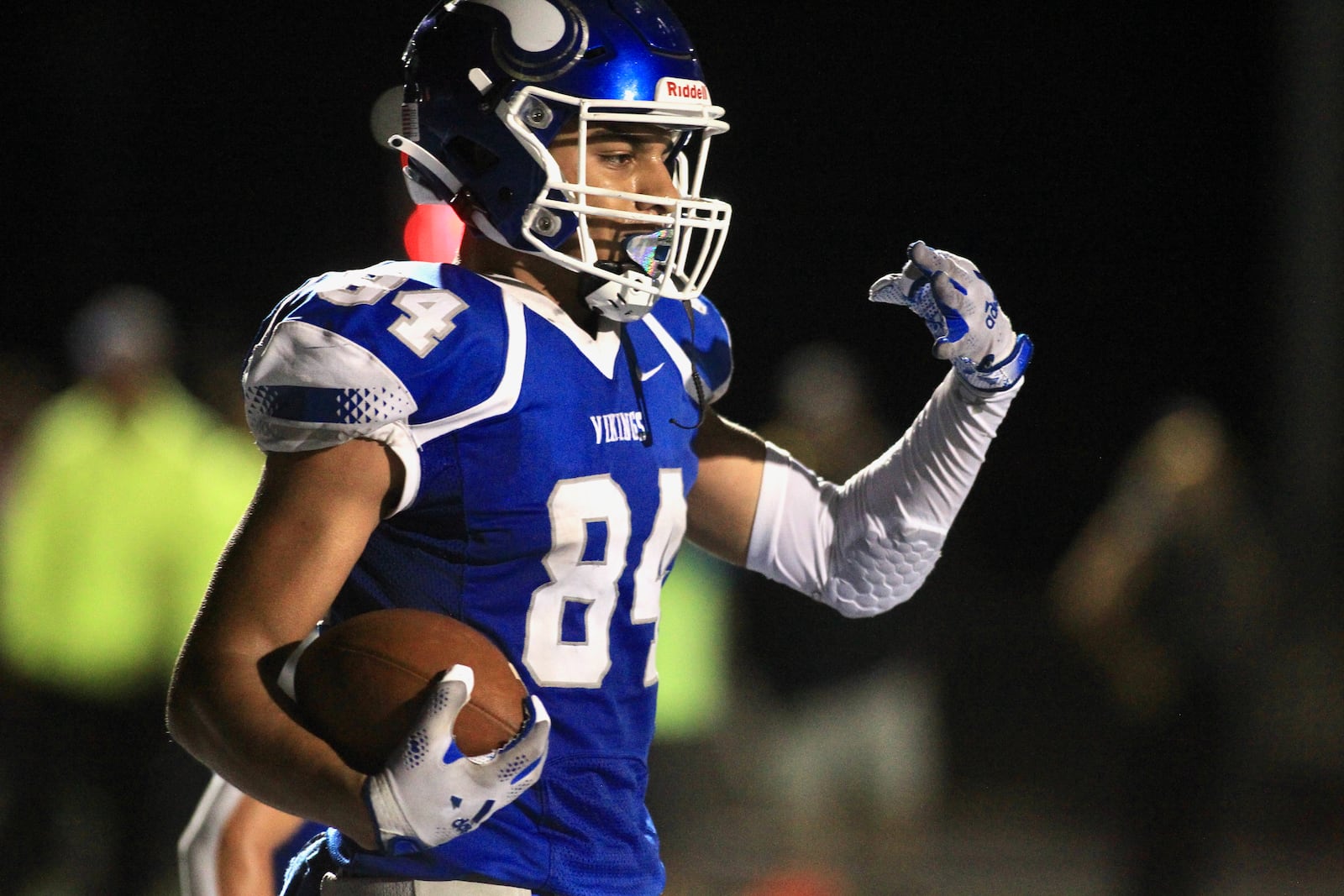 Miamisburg's Jackson McGohan celebrates after a touchdown catch in the final seconds against Springfield on Friday, Oct. 15, 2021, at Holland Field in Miamisburg. David Jablonski/Staff