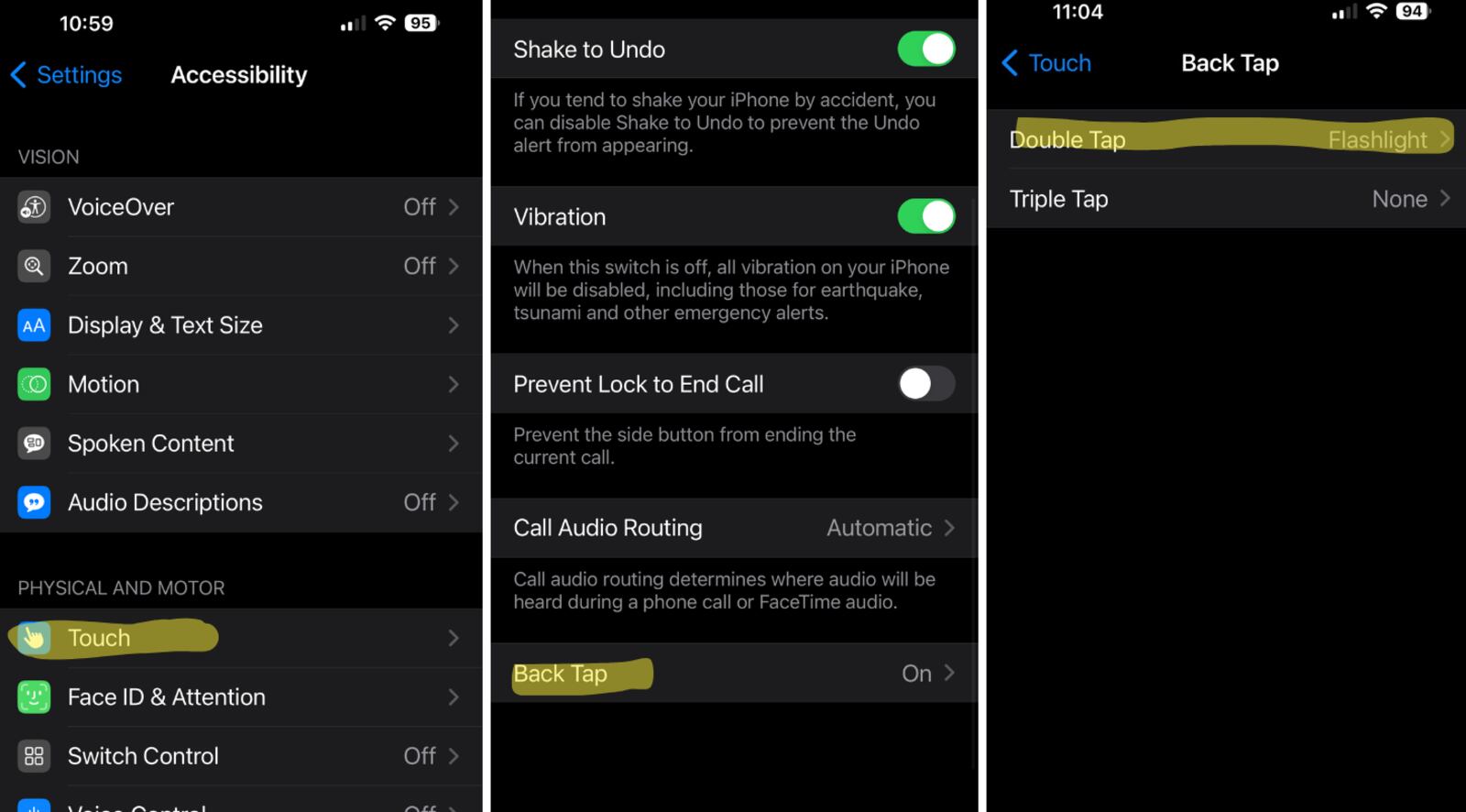 Here is where iPhone users can turn on the Back Tap Flashlight feature. CONTRIBUTED