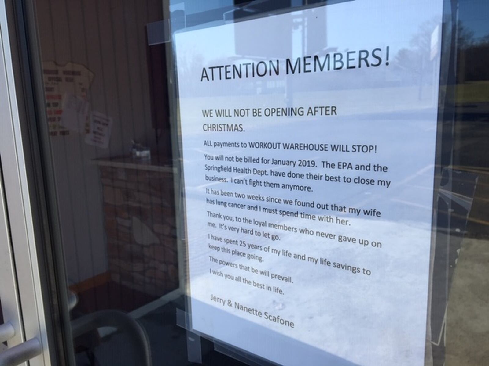 Workout Warehouse recently announced it would permanently close its doors beginning the day after Christmas. The business pointed fingers at the health department and the EPA as reasons for the closure. JENNA LAWSON/STAFF.