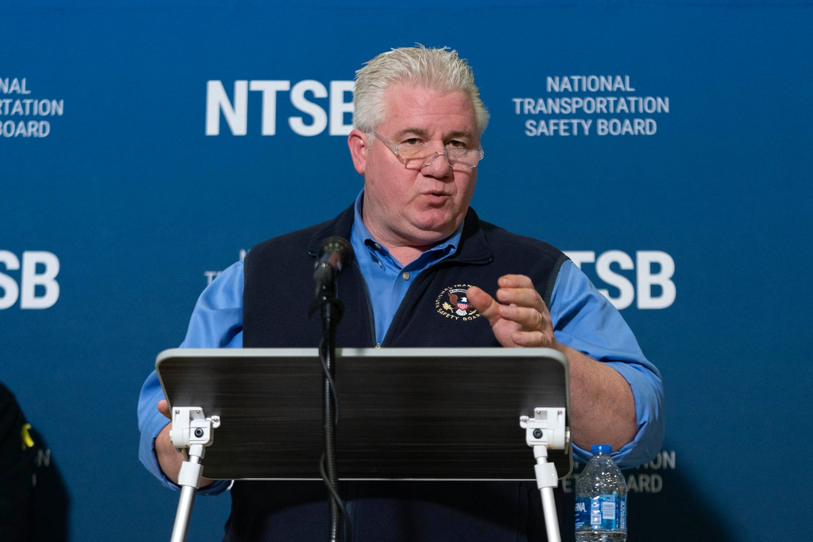 National Transportation Safety Board member Todd Inman speaks with reporters at Ronald Reagan Washington National Airport, Saturday, Feb. 1, 2025, in Arlington, Va. (AP Photo/Jose Luis Magana)