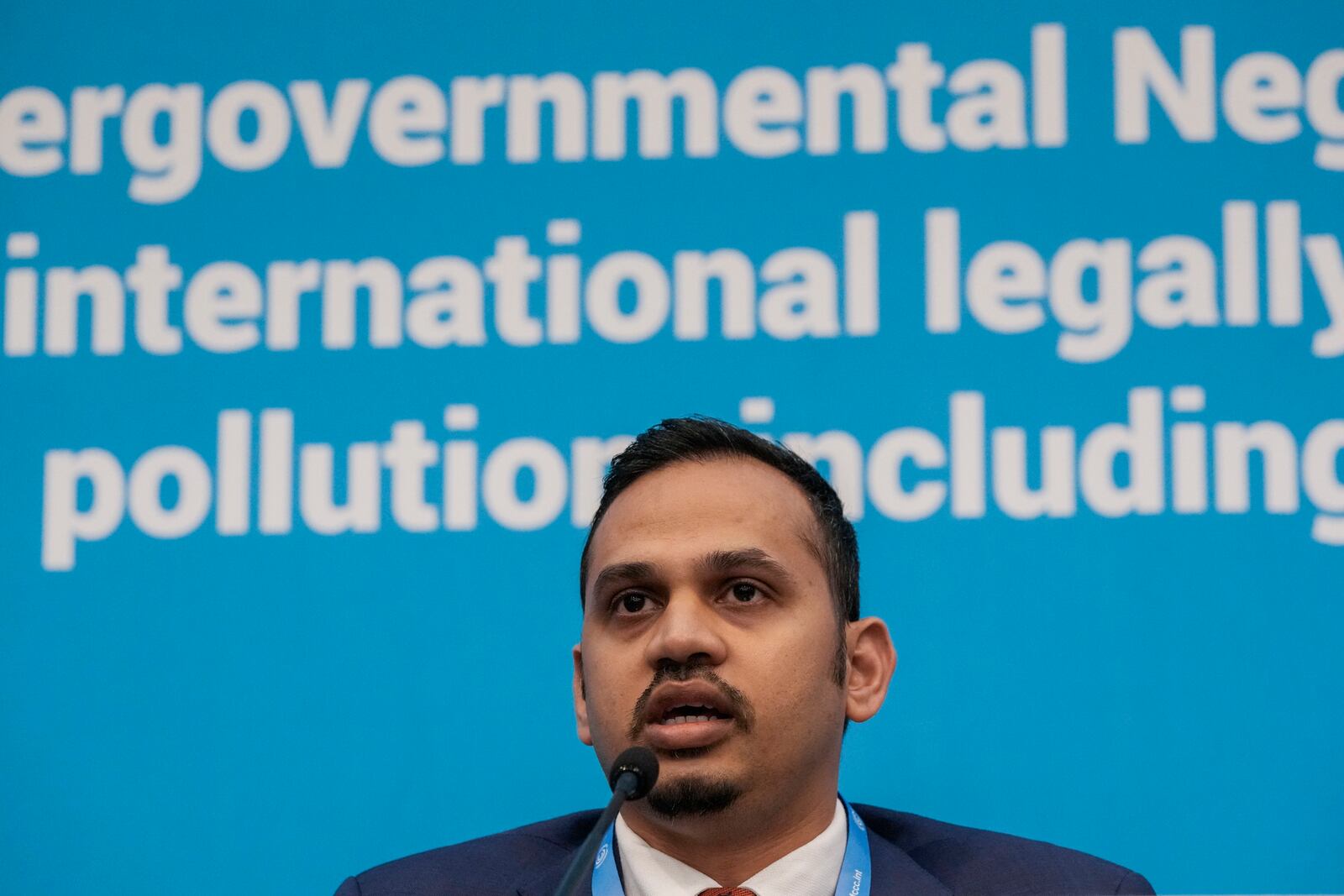 Sivendra Michael, Permanent Secretary for Environment and Climate Change of Fiji, speaks during a press conference at the fifth session of the Intergovernmental Negotiating Committee on Plastic Pollution in Busan, South Korea, Friday, Nov. 29, 2024. (AP Photo/Ahn Young-joon)