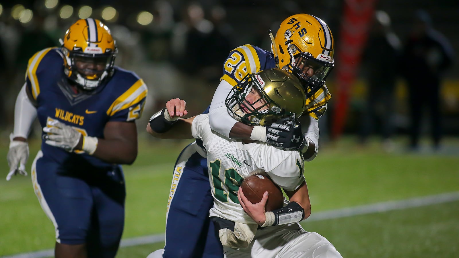 Springfield High School junior linebacker Jaivian Norman sacks Dublin Jerome quarterback Zakk Tschirhart during their game on Friday night in Springfield. The Wildcats won 34-0. CONTRIBUTED PHOTO BY MICHAEL COOPER