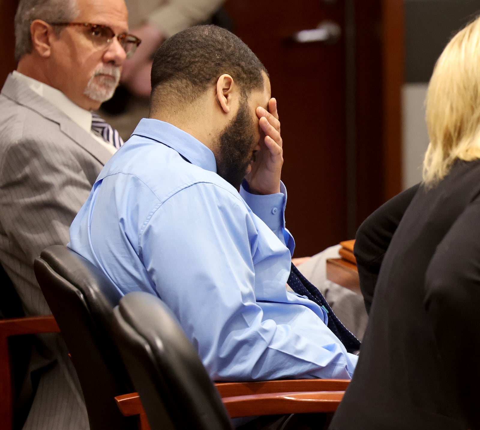 Defendant Julius Trotter, a previously convicted felon who was charged with breaking into a room at a Las Vegas Strip hotel-casino and robbing and killing two Vietnamese tour leaders in June 2018, reacts after after hearing his guilty verdict in his murder case, Tuesday, Oct. 29, 2024, at the Regional Justice Center in Las Vegas. (K.M. Cannon/Las Vegas Review-Journal via AP)