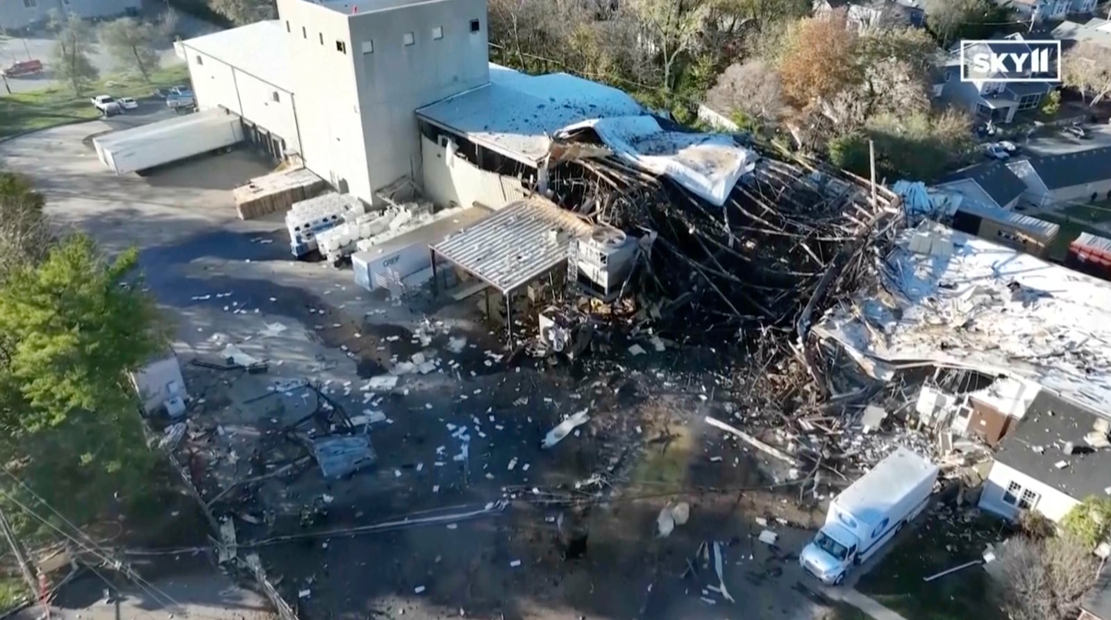 This image taken from video from WHAS 11 News shows damage after an explosion injured multiple employees at Givaudan Sense Color, Tuesday, Nov. 12, 2024, in Louisville, Ky. (WHAS 11 News via AP)