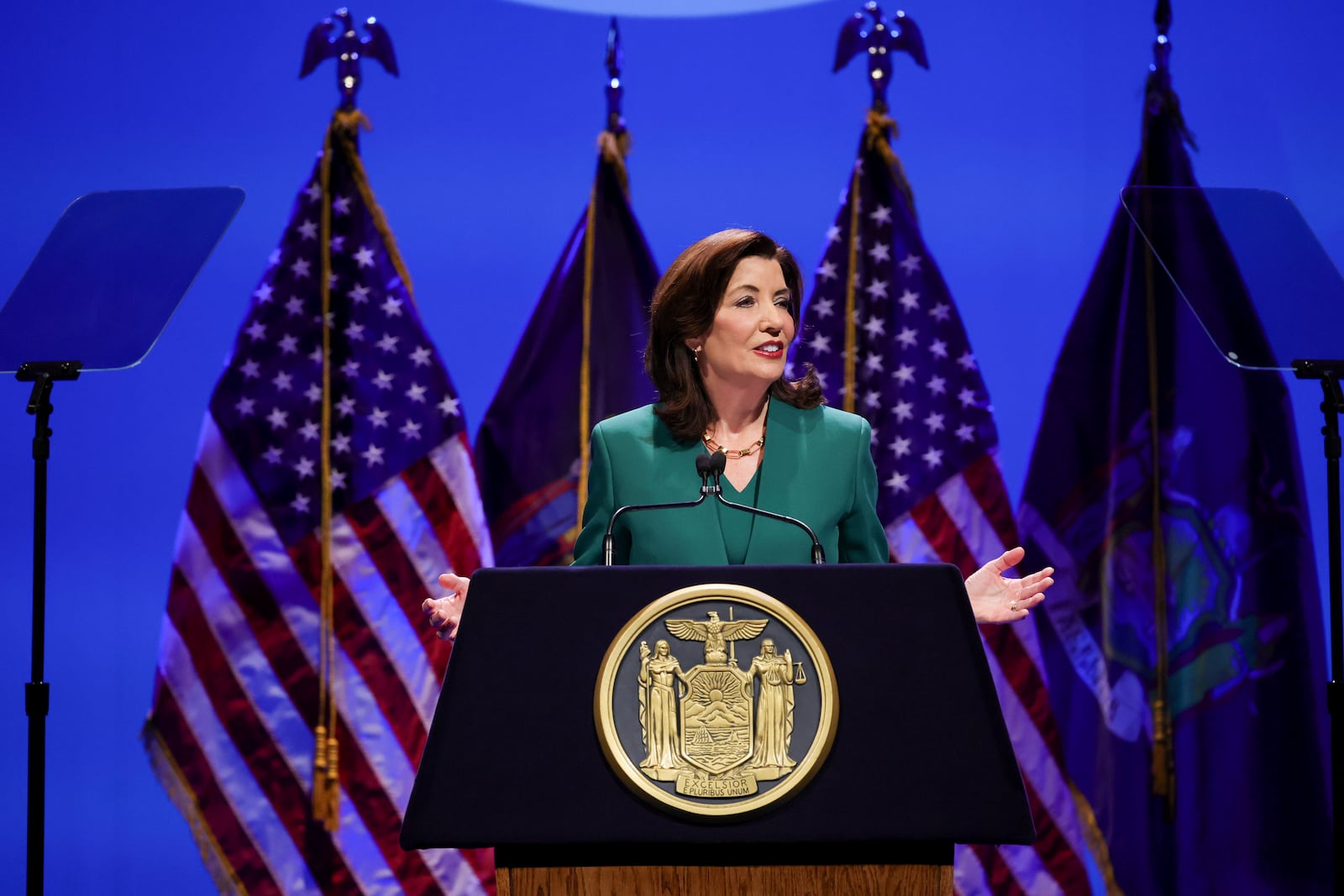 FILE - In this photo provided by the Office of the New York Governor, Governor Kathy Hochul delivers the 2025 State of the State Address, Tuesday, Jan. 14, 2025, in Albany, N.Y. (Mike Groll/Office of the New York Governor via AP)