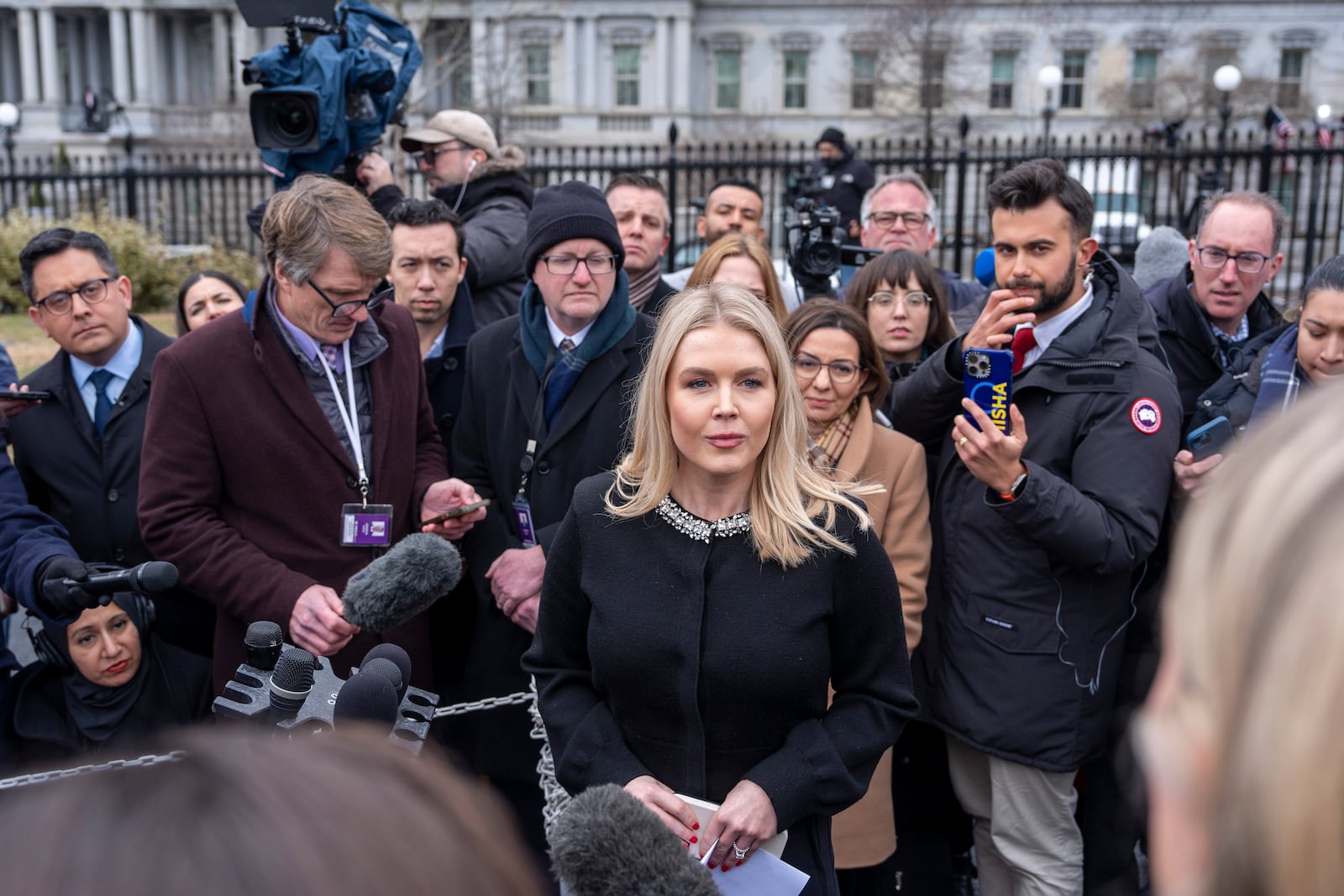 White House press secretary Karoline Leavitt speaks with reporters at the White House, Thursday, Feb. 6, 2025, in Washington. (AP Photo/Alex Brandon)