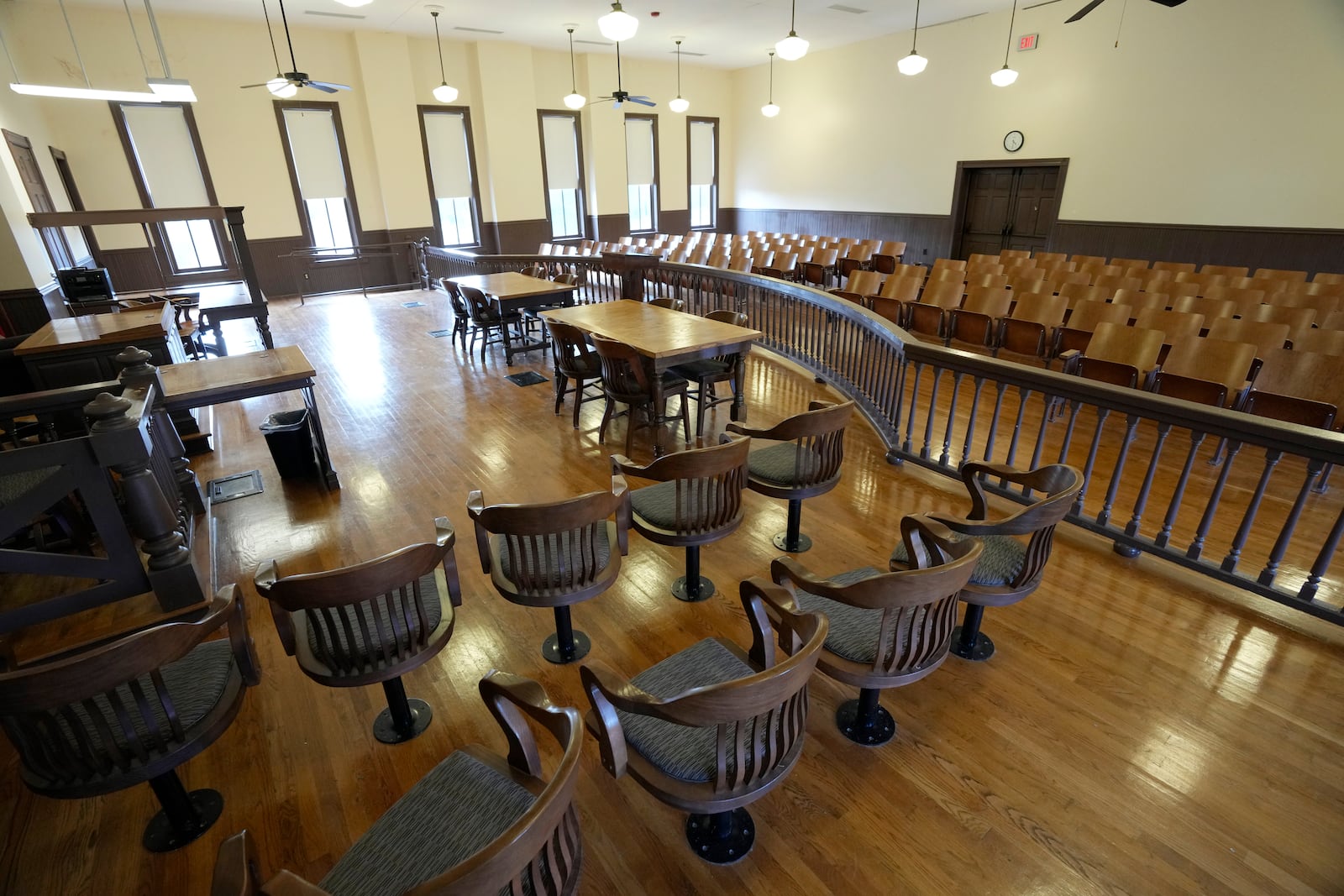 FILE - The courtroom, much of which has been restored, where the Emmett Till murder trial was held in the Tallahatchie County Second District Courthouse, is shown on July 24, 2023, in Sumner, Miss. In 2023, President Joe Biden created a national monument across three sites in Illinois and Mississippi in honor of Emmett Till and his mother, Mamie Till-Mobley. (AP Photo/Rogelio V. Solis, File)