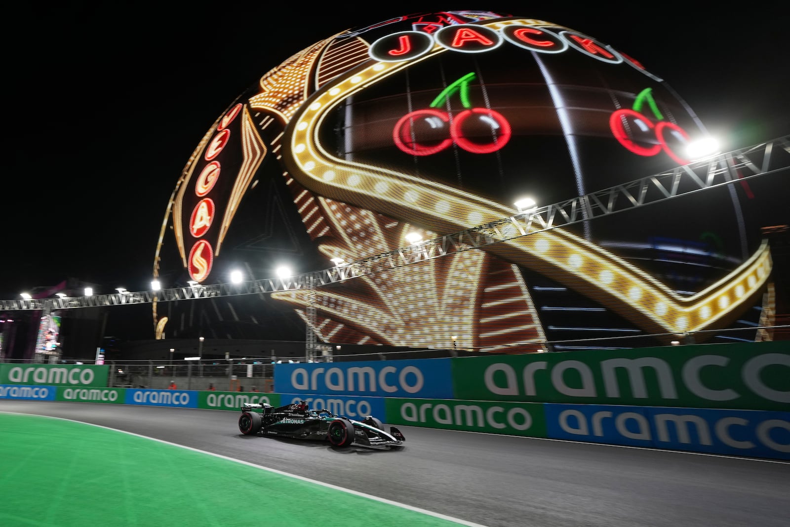 Mercedes driver George Russell, of Britain, drives during qualifications for the Formula One U.S. Grand Prix auto race, Friday, Nov. 22, 2024, in Las Vegas. (AP Photo/Rick Scuteri)