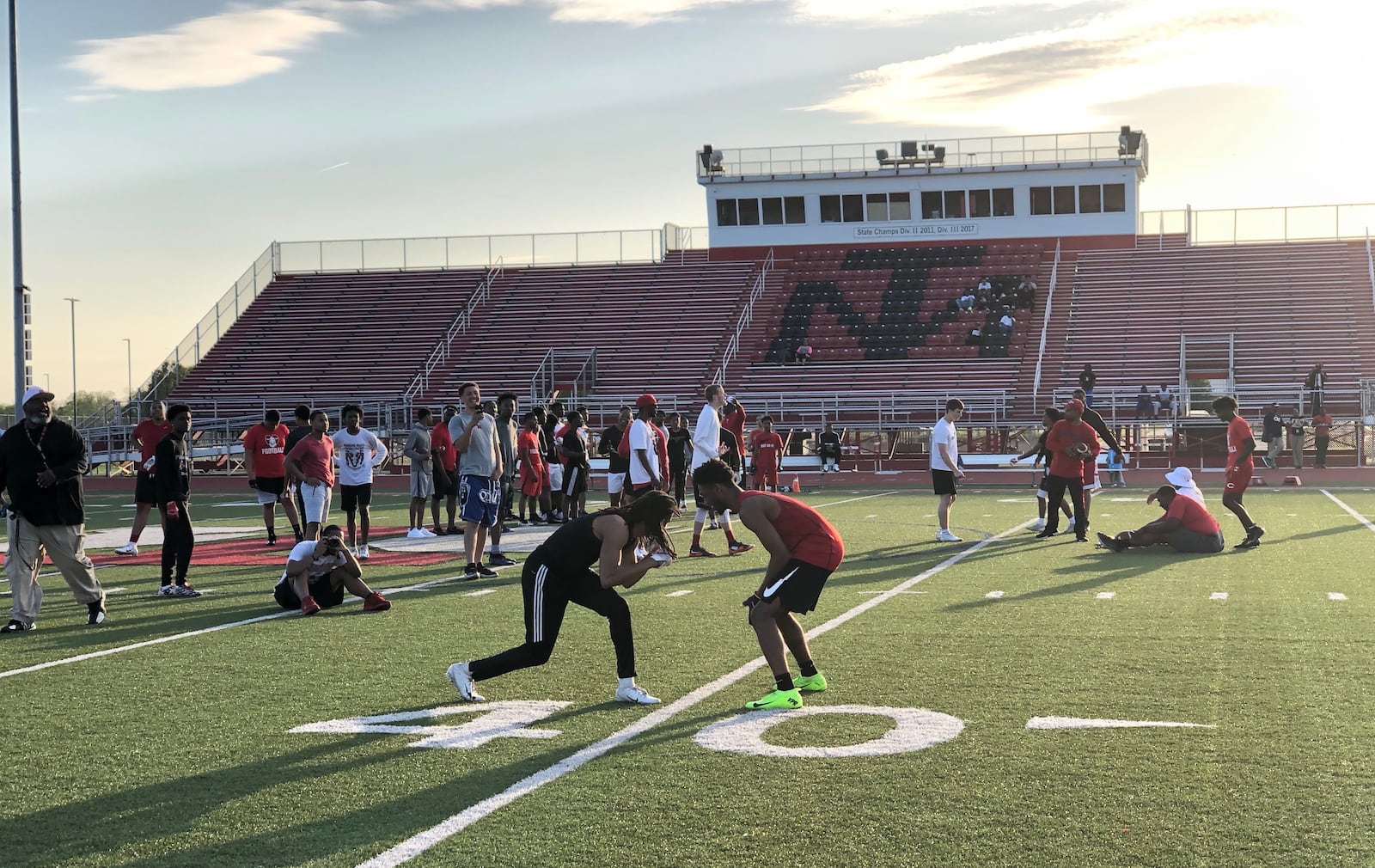 2020 prospect Sammy Anderson (right) was among players to work out for college coaches Monday at Trotwood-Madison High School. (Photo: Marcus Hartman/CMG Ohio)