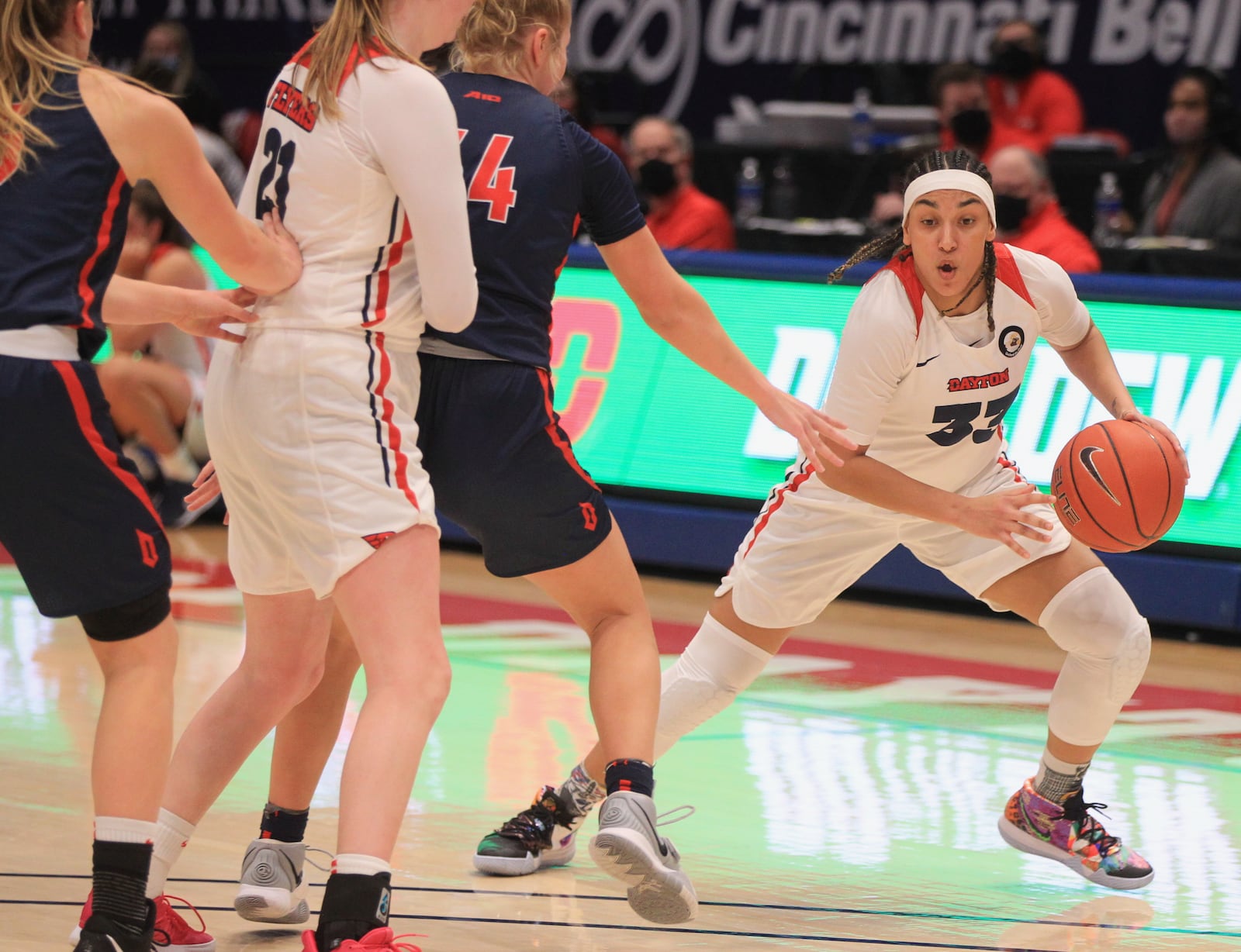 Dayton's Destiny Bohanon dribbles against Duquesne on Sunday, Jan. 3, 2020, at UD Arena. David Jablonski/Staff