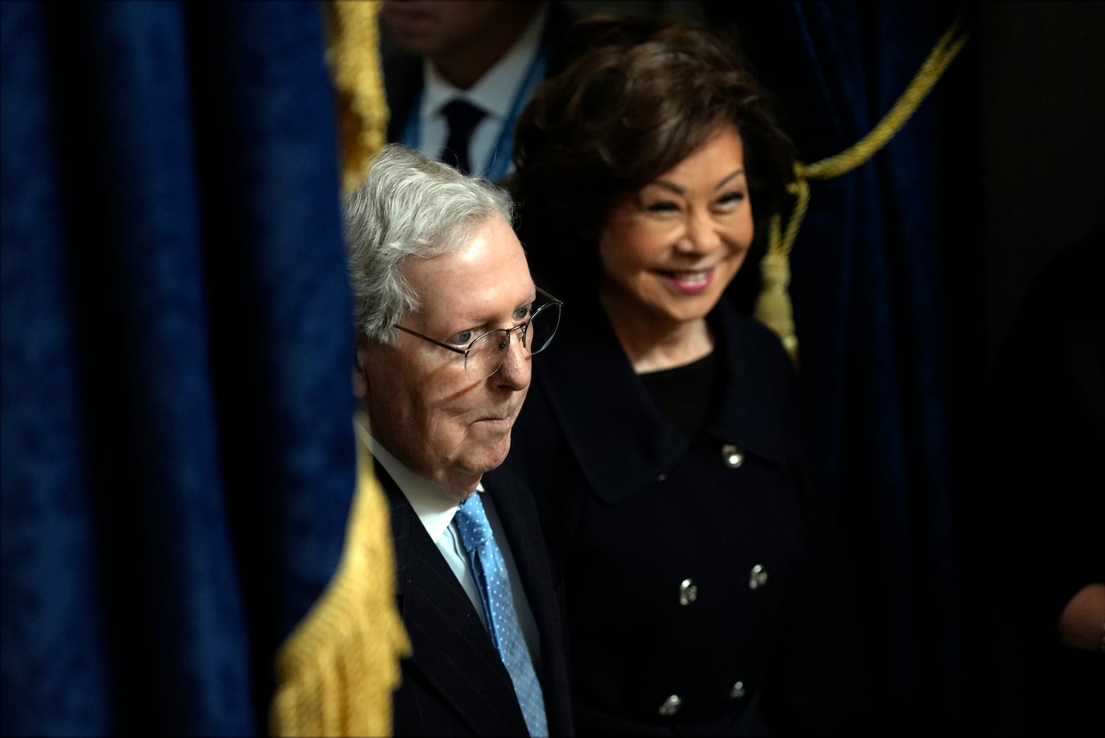 Sen. Mitch McConnell, R-Ky., and Elaine Chao arrive before the 60th Presidential Inauguration in the Rotunda of the U.S. Capitol in Washington, Monday, Jan. 20, 2025. (AP Photo/Julia Demaree Nikhinson, Pool)