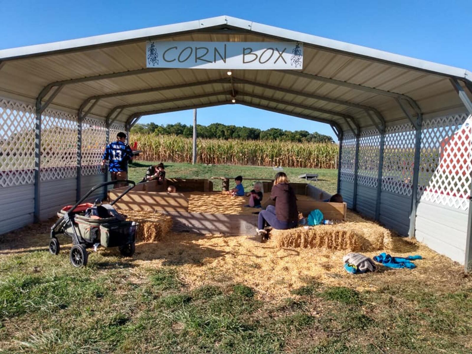 This is the Corn Box, one of 18 fall-themed attractions at the Amazing Fall Fun Corn Maze and Pumpkin Patch, located in Waterloo, Indiana.