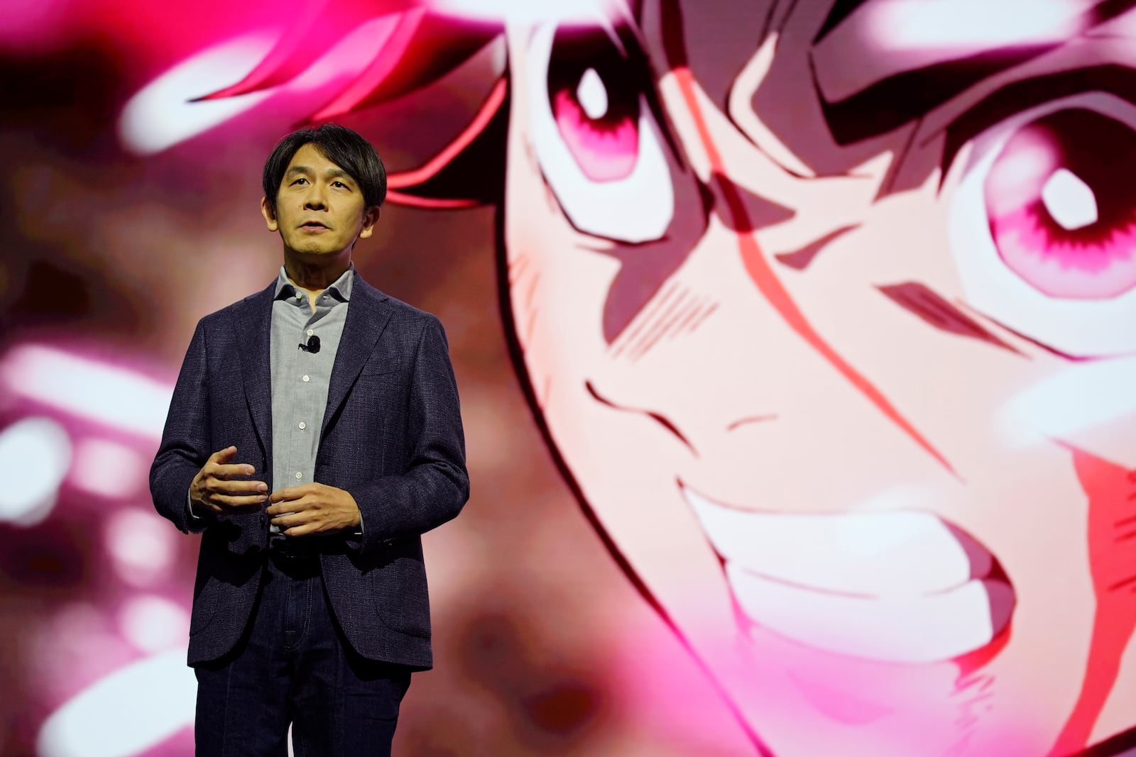 Atsuhiro Iwakami, president of Aniplex, speaks during a Sony news conference ahead of the CES tech show Monday, Jan. 6, 2025, in Las Vegas. (AP Photo/John Locher)