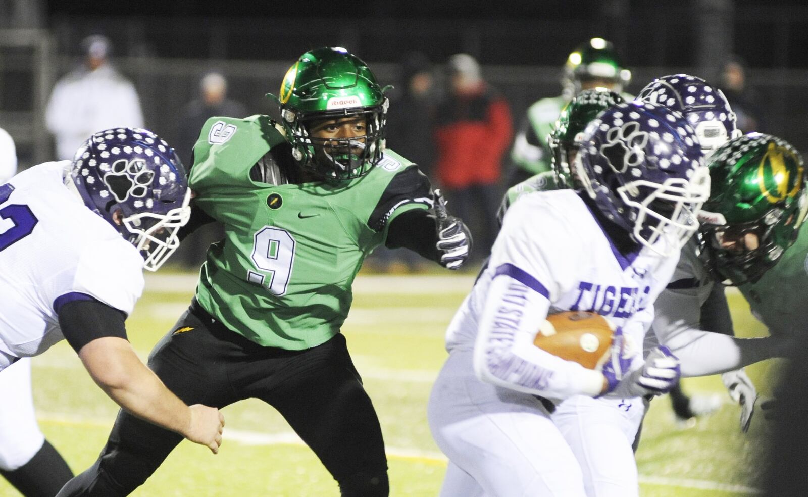 Northmont’s Jaiden Cameron (9) takes a swipe at a Central running back. Pickerington Central defeated Northmont 33-7 in a D-I, Region 3 semifinal at Springfield s Evans Stadium on Friday, Nov. 9, 2018. MARC PENDLETON / STAFF