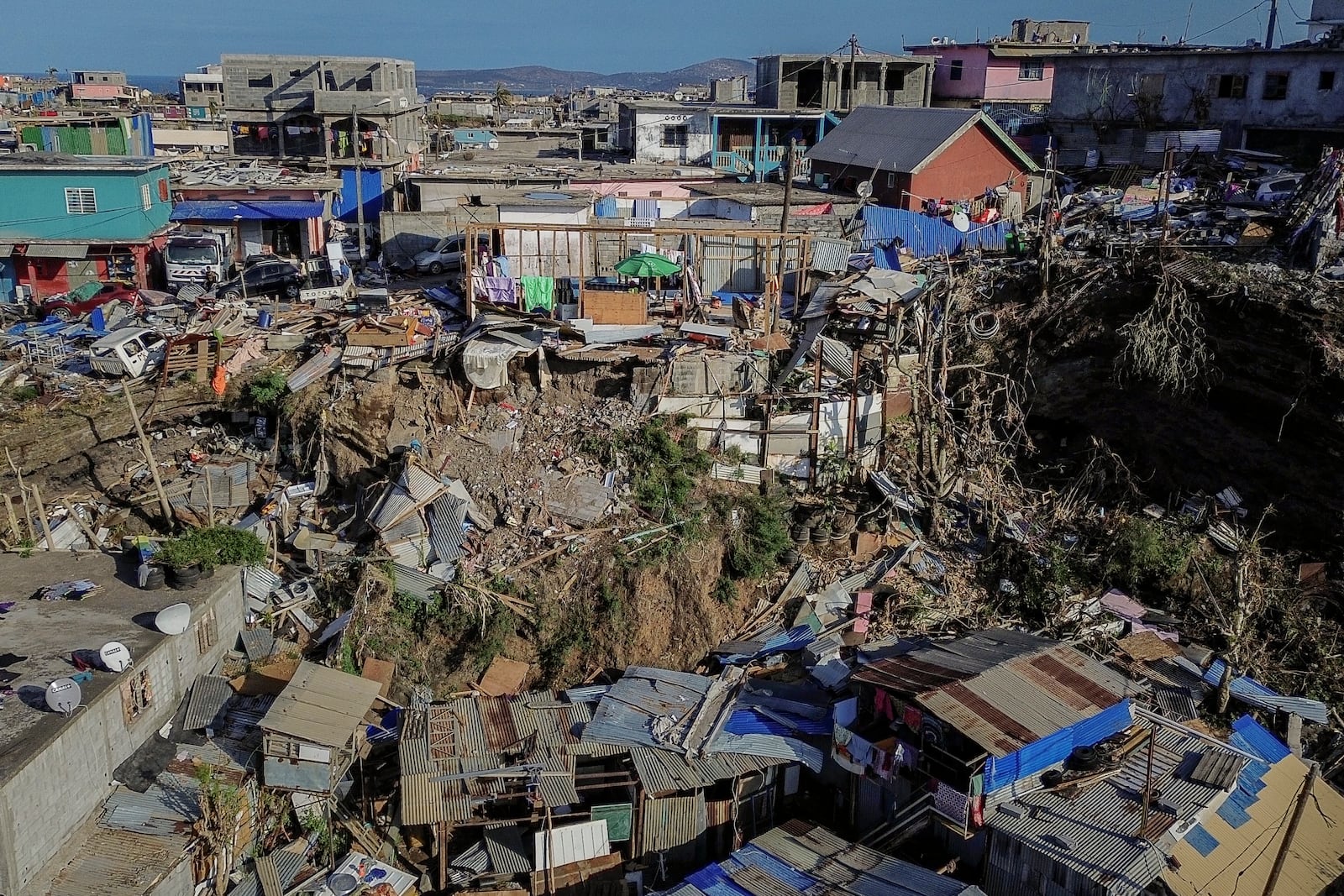 Drone view of destroyed dwellings in Mirereni, Mayotte, Friday, Dec. 20, 2024. (AP Photo/Adrienne Surprenant)