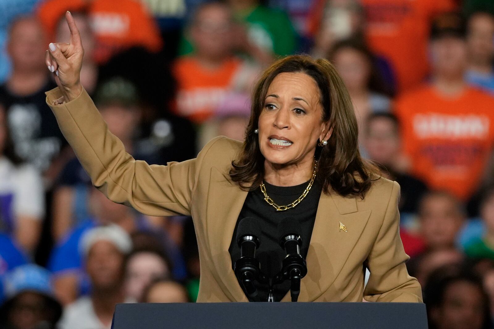 Democratic presidential nominee Vice President Kamala Harris speaks Thursday, Oct. 10, 2024, on the Gila River Indian Community reservation near Chandler, Ariz. (AP Photo/Matt York)