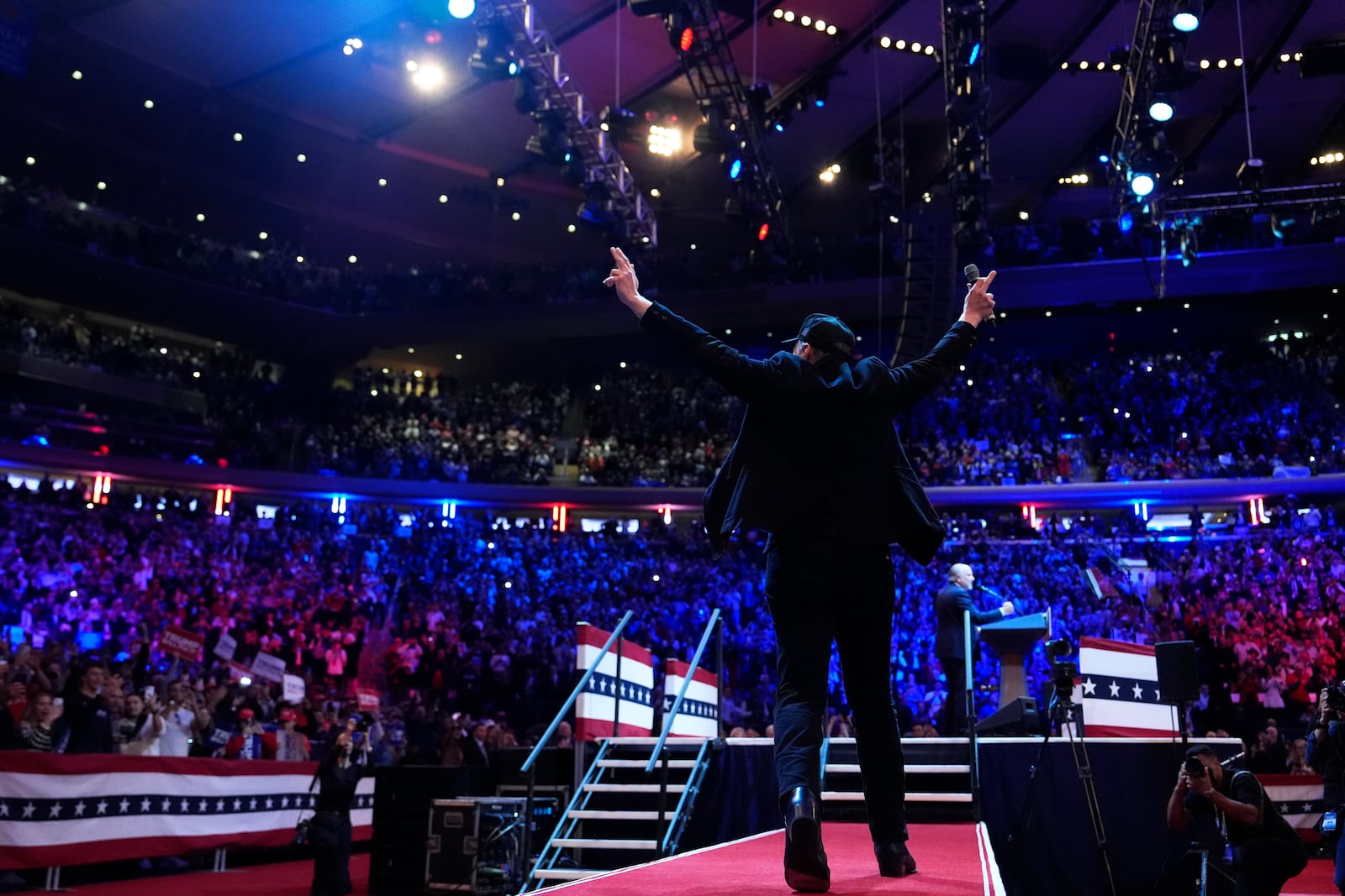 Elon Musk arrives to speak a campaign rally for Republican presidential nominee former President Donald Trump at Madison Square Garden, Sunday, Oct. 27, 2024, in New York. (AP Photo/Julia Demaree Nikhinson)