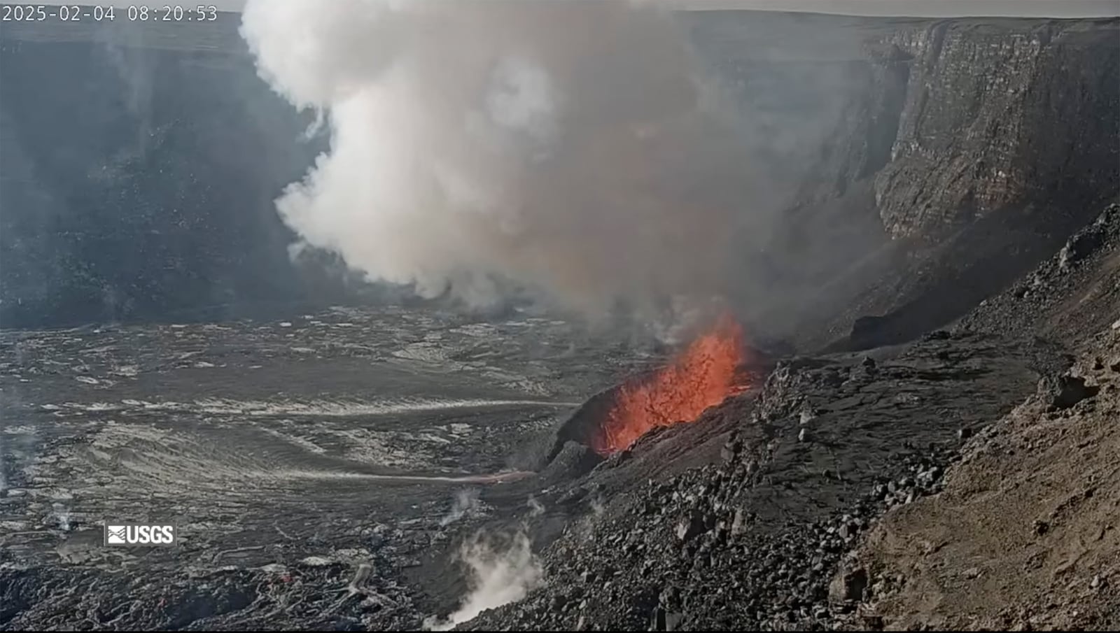 In this image captured from video released the U.S. Geological Survey's Hawaiian Volcano Observatory, a webcam shows lava fountaining from Kilauea volcano within the Hawaii Volcanoes National Park on the Big Island on Tuesday, Feb. 4. 2025. (USGS Hawaiian Volcano Observatory via AP)