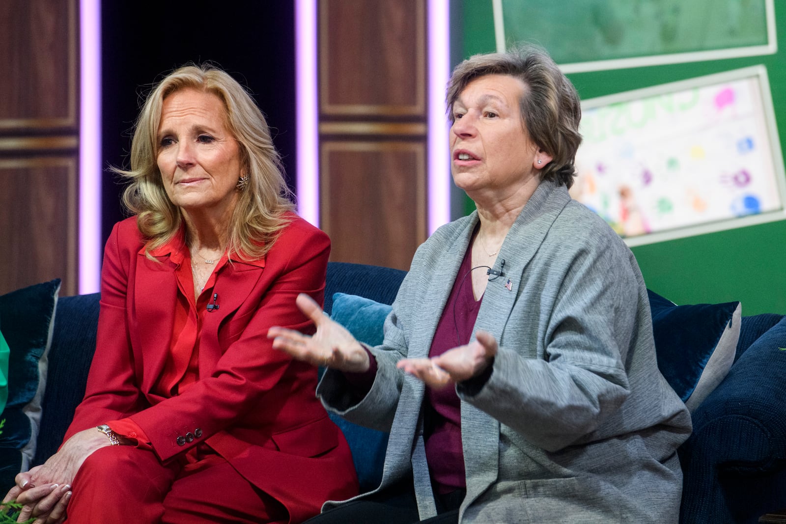 First lady Jill Biden, left, listens while Randi Weingarten, president of American Federation of Teachers, right, speaks during a virtual thank you event for educators with the American Federation of Teachers and the National Education Association, in the South Court Auditorium on the White House complex in Washington, Monday, Dec. 16, 2024. (AP Photo/Rod Lamkey, Jr.)