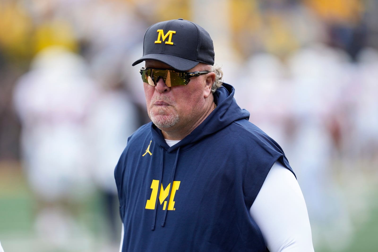 Michigan defensive coordinator Wink Martindale looks on in the first half of an NCAA college football game against Texas in Ann Arbor, Mich., Saturday, Sept. 7, 2024. (AP Photo/Paul Sancya)