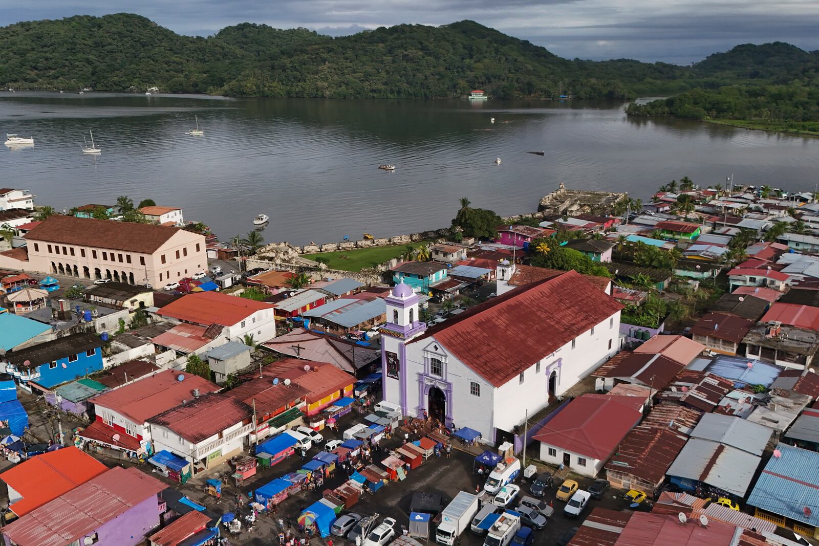 The San Felipe Church, which houses the Black Christ, stands in Portobelo, Panama, early Monday, Oct. 21, 2024, during a festival celebrating the iconic statue that was found on the shore in 1658. (AP Photo/Matias Delacroix)